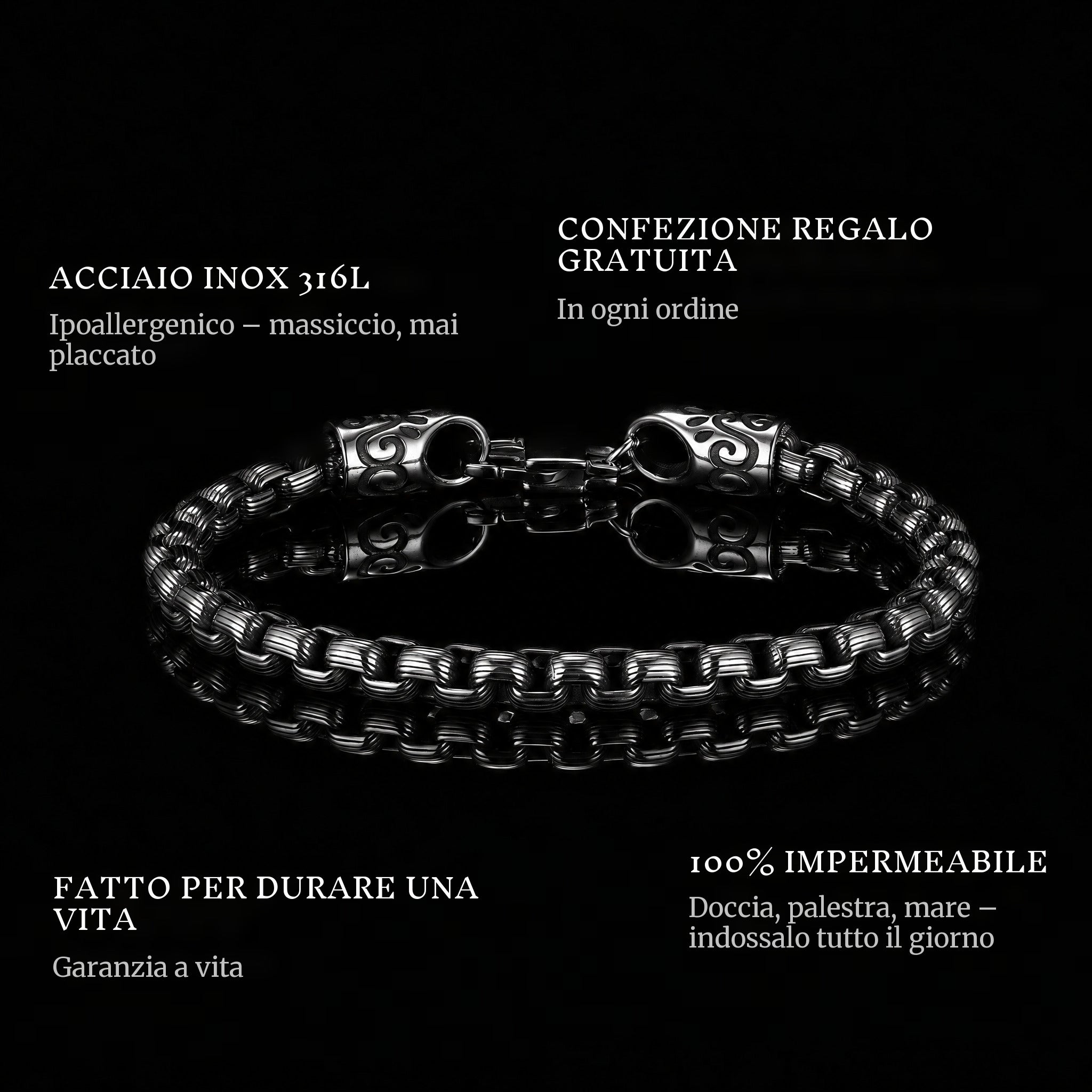 Steel Union features: 316L stainless steel, free gift packaging, 100% waterproof, lifetime guarantee