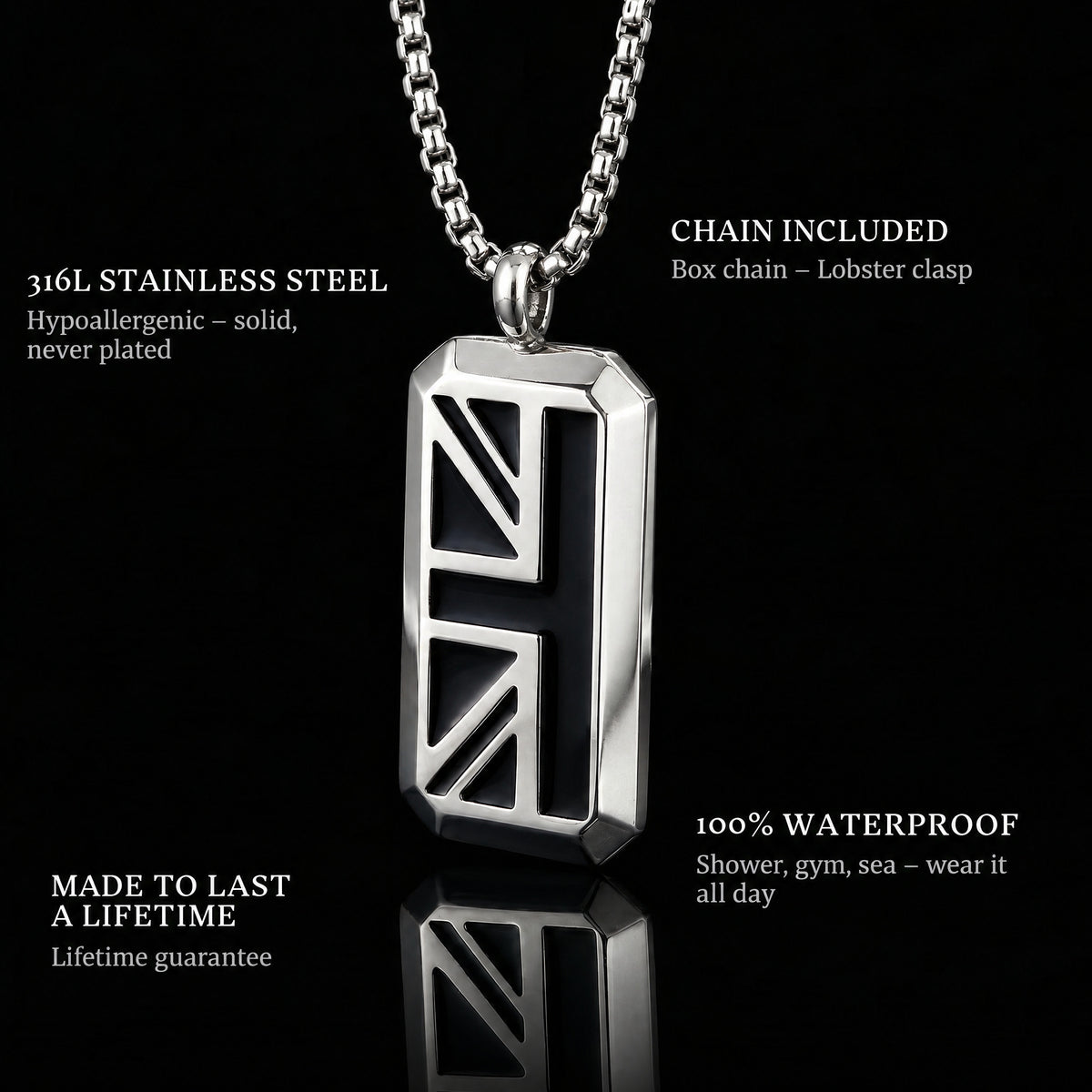 Symbol Of Union pendant features: 316L stainless steel, chain included, 100% waterproof, lifetime guarantee