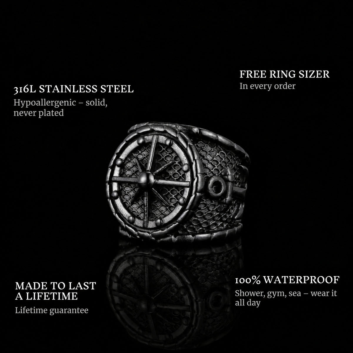 The Captain Black ring features: 316L stainless steel, free ring sizer in every order, 100% waterproof, lifetime guarantee