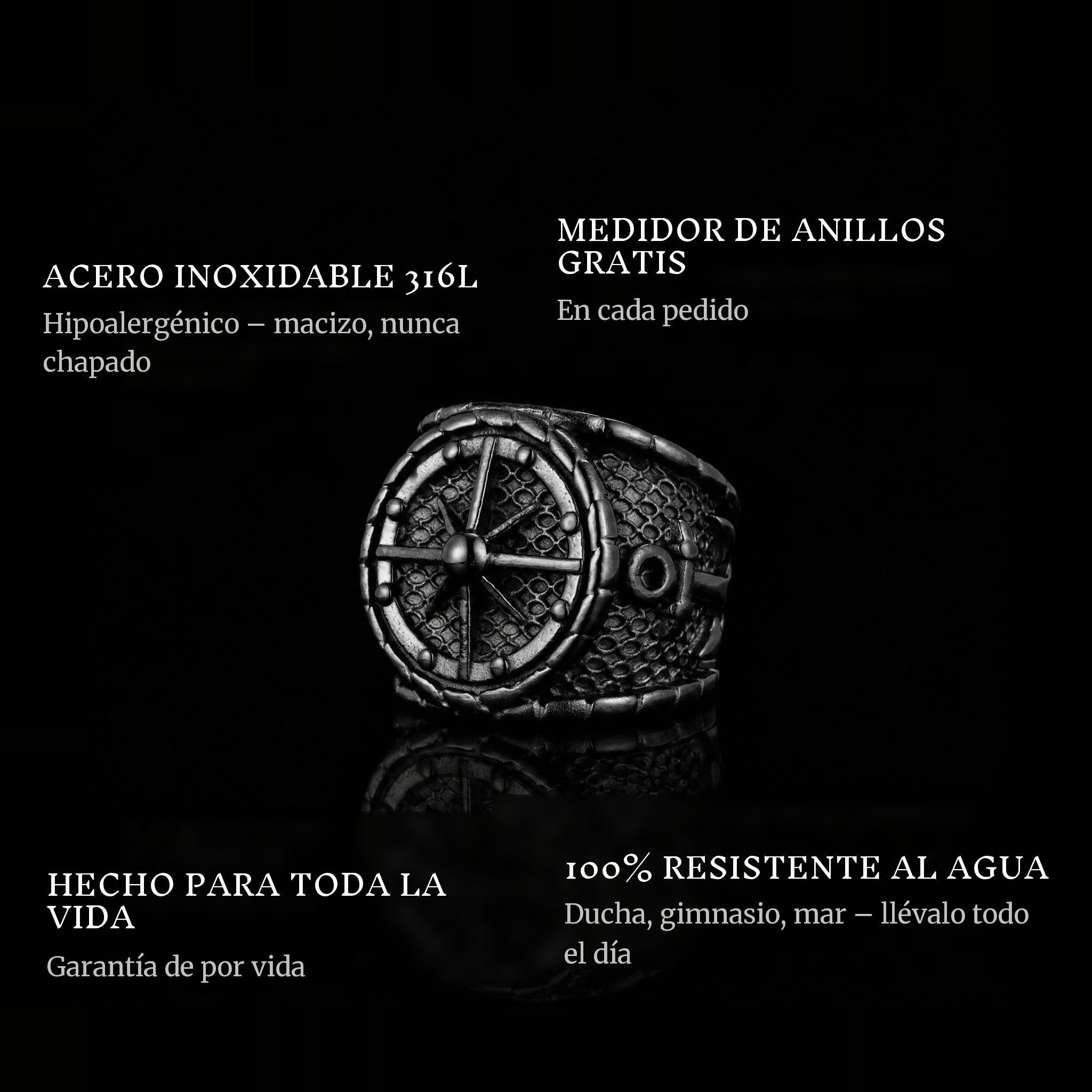 The Captain Black ring features: 316L stainless steel, free ring sizer in every order, 100% waterproof, lifetime guarantee