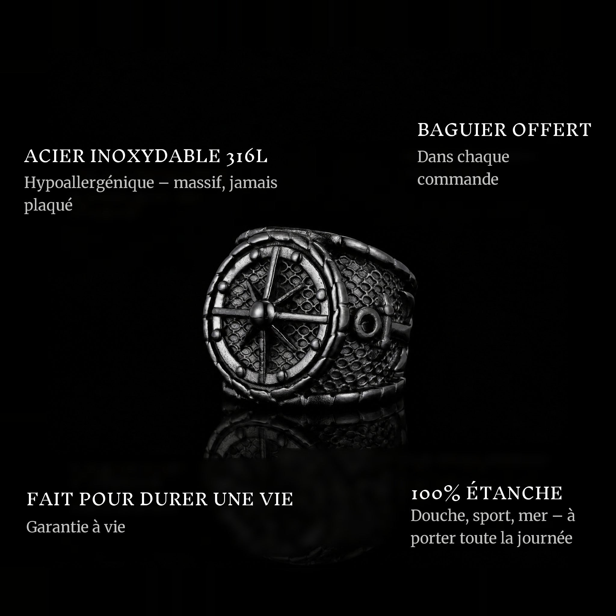 The Captain Black ring features: 316L stainless steel, free ring sizer in every order, 100% waterproof, lifetime guarantee