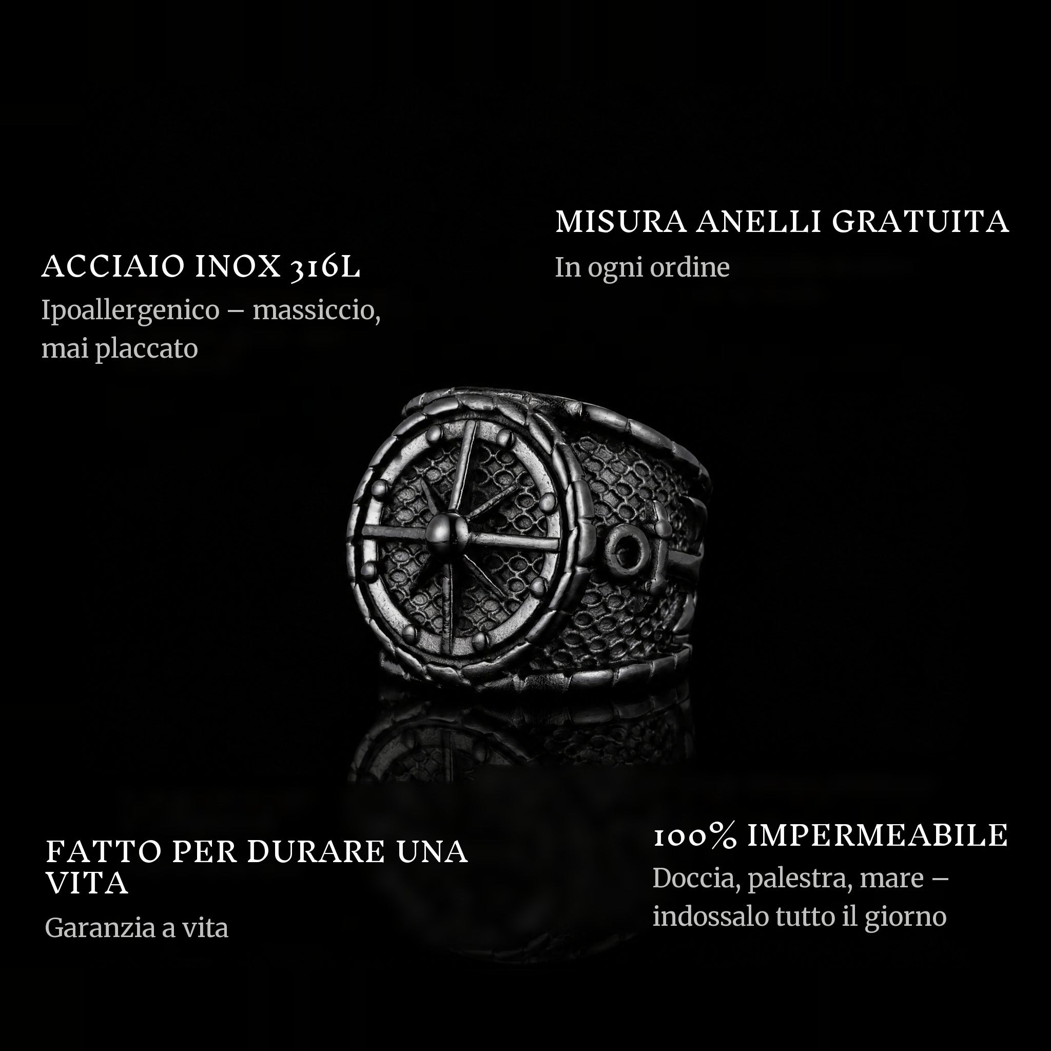 The Captain Black ring features: 316L stainless steel, free ring sizer in every order, 100% waterproof, lifetime guarantee