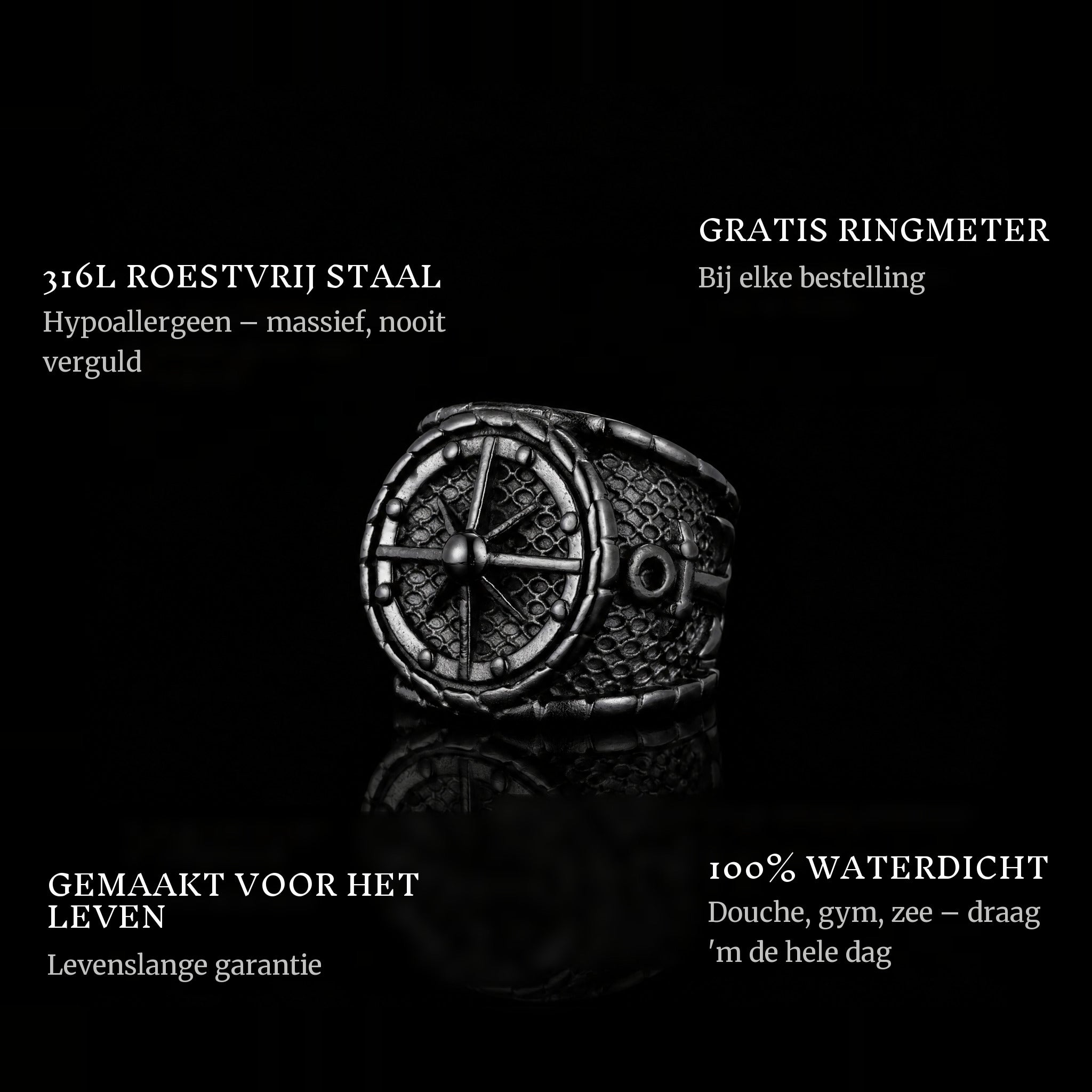 The Captain Black ring features: 316L stainless steel, free ring sizer in every order, 100% waterproof, lifetime guarantee