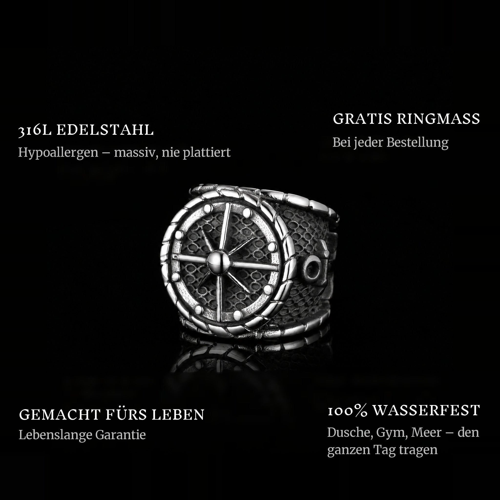 The Captain ring features: 316L stainless steel, free ring sizer in every order, 100% waterproof, lifetime guarantee