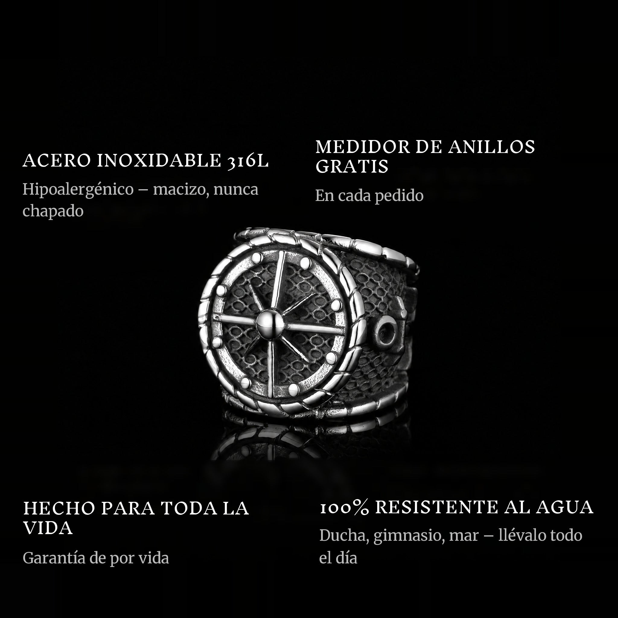 The Captain ring features: 316L stainless steel, free ring sizer in every order, 100% waterproof, lifetime guarantee