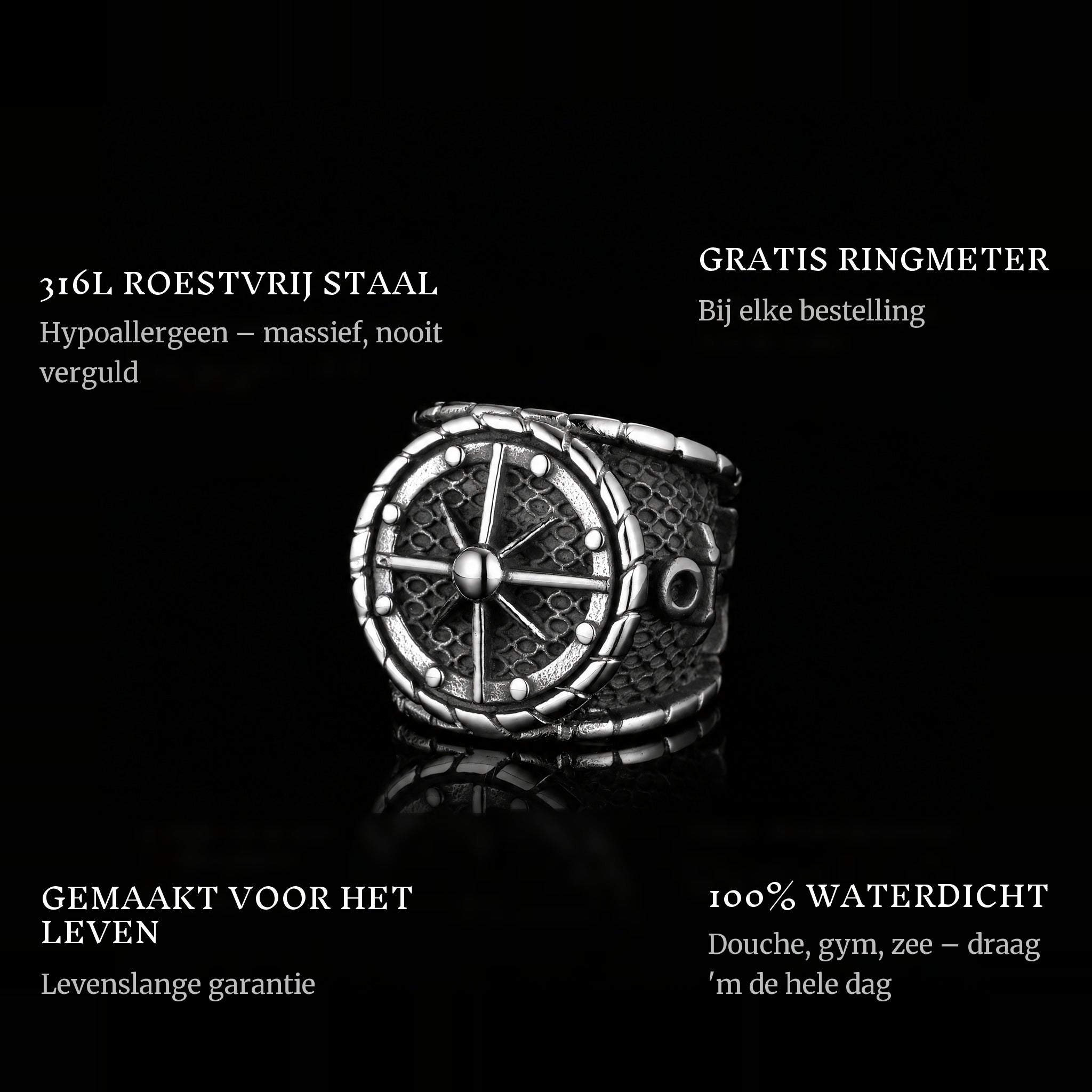 The Captain ring features: 316L stainless steel, free ring sizer in every order, 100% waterproof, lifetime guarantee