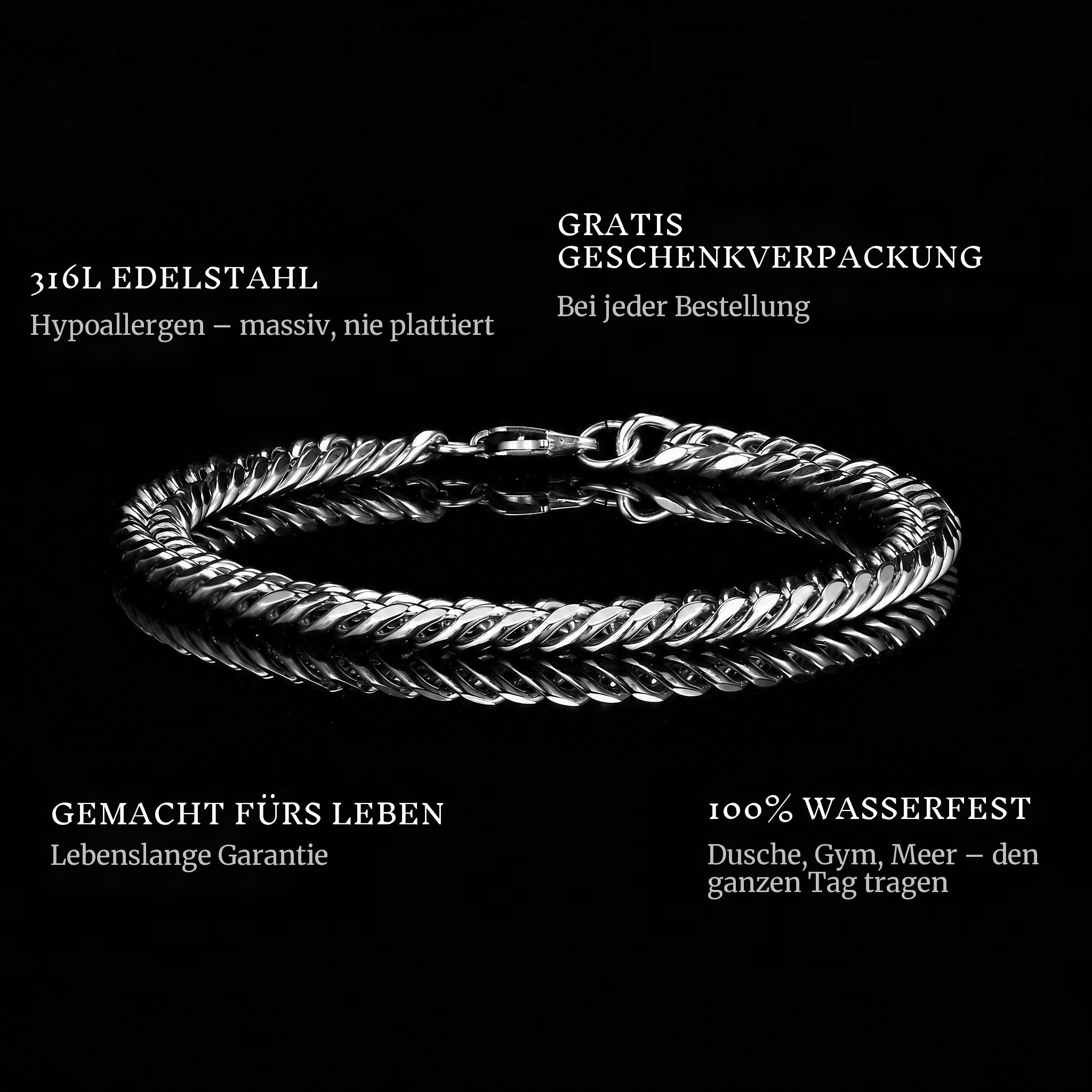 The Chain features: 316L stainless steel, free gift packaging, 100% waterproof, lifetime guarantee