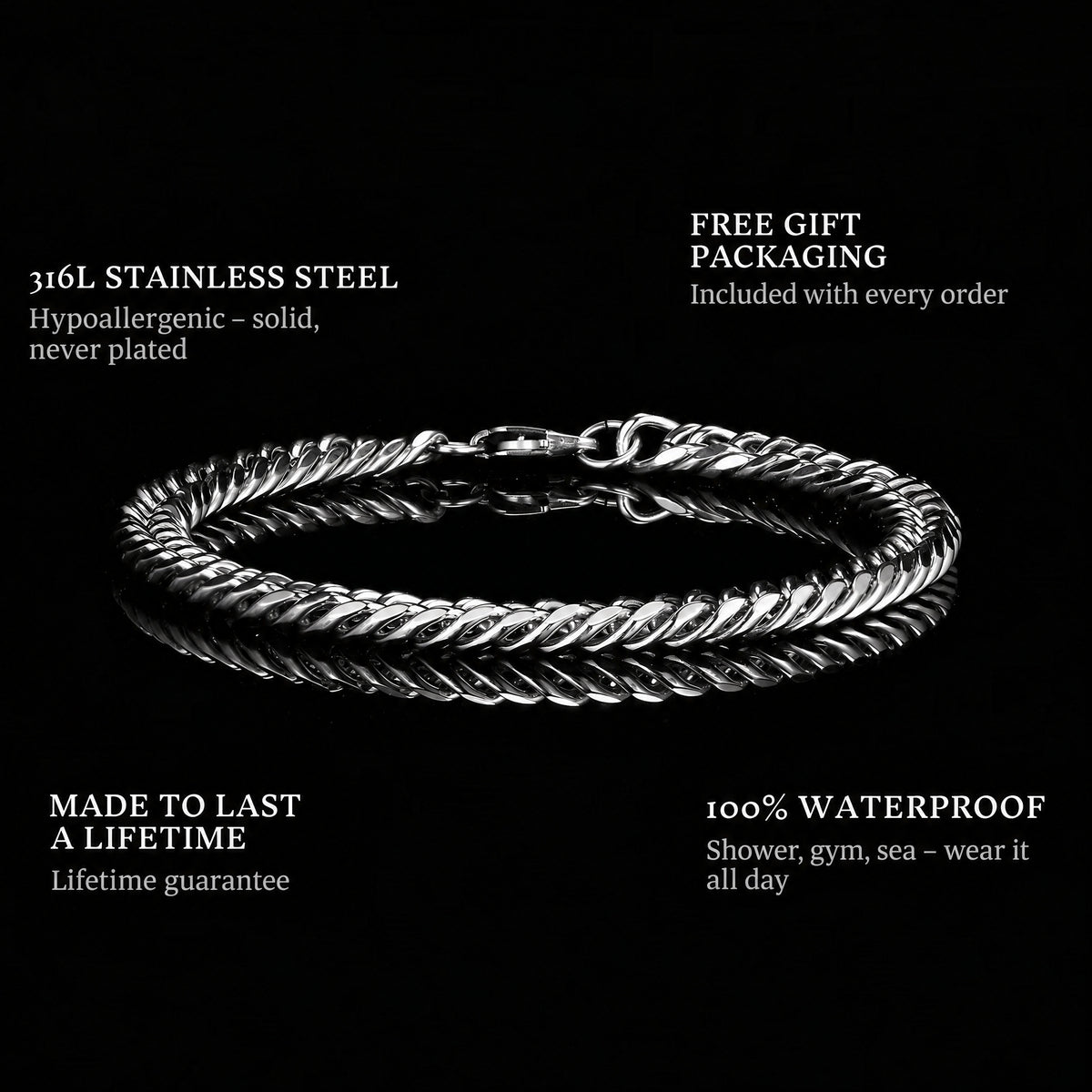 The Chain features: 316L stainless steel, free gift packaging, 100% waterproof, lifetime guarantee