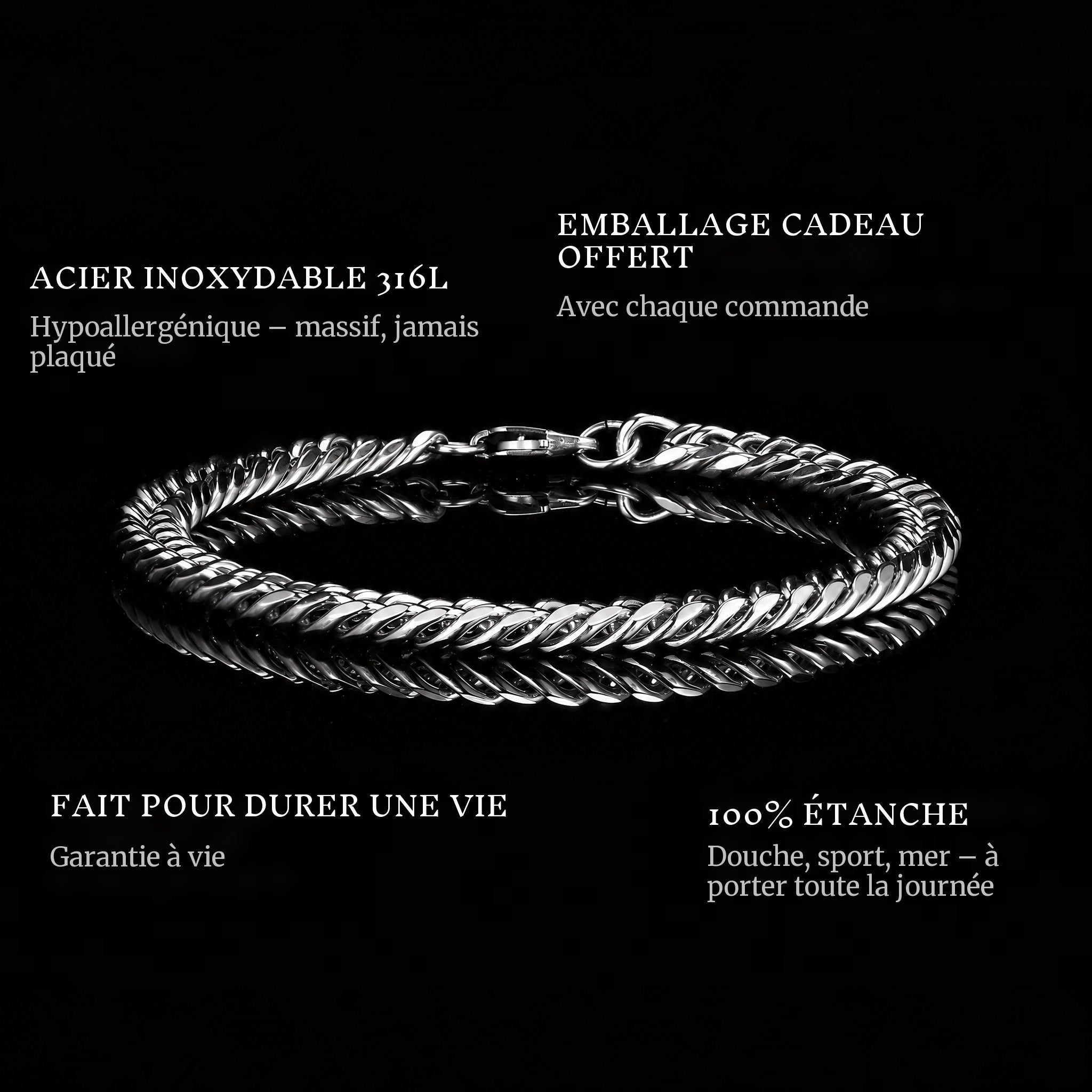 The Chain features: 316L stainless steel, free gift packaging, 100% waterproof, lifetime guarantee