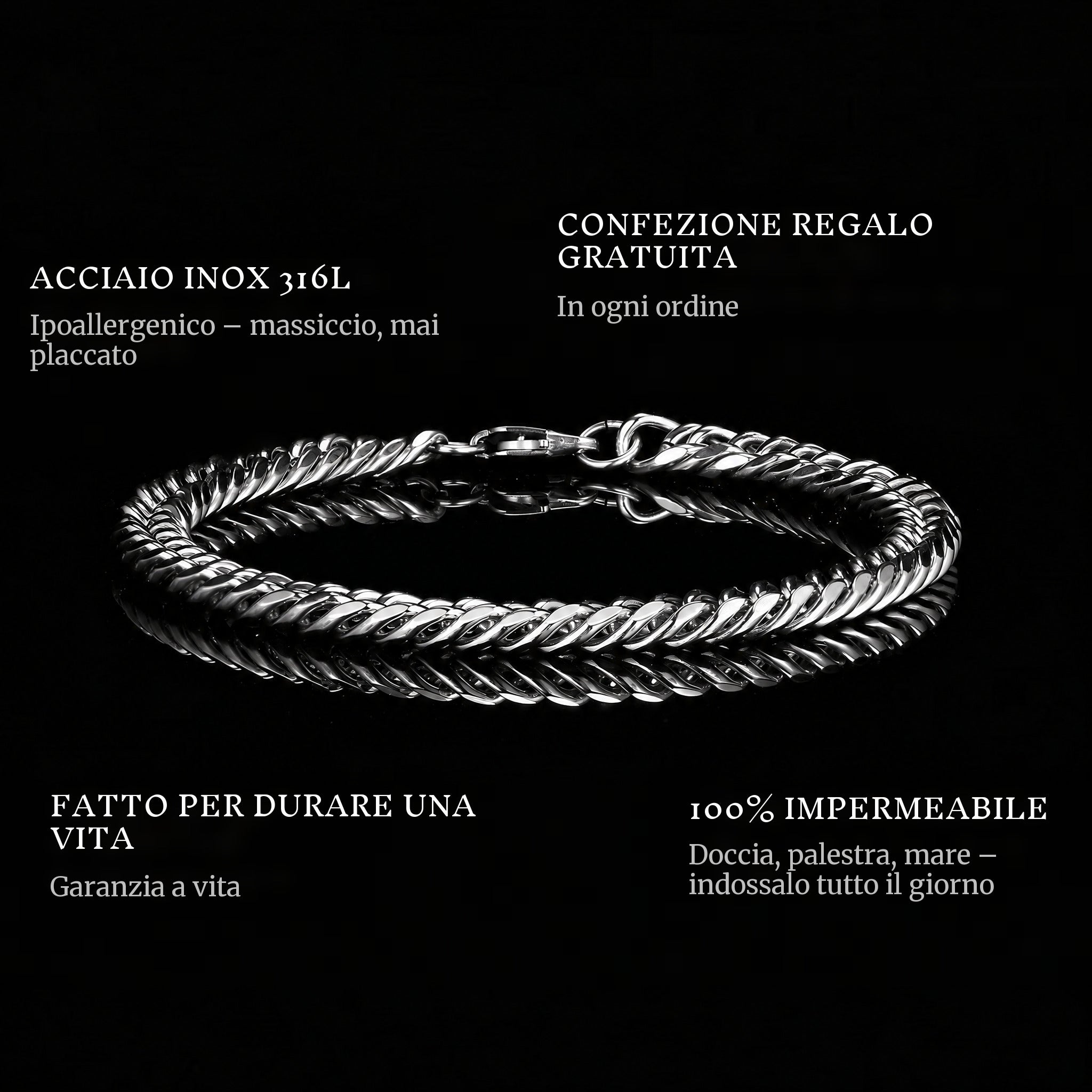 The Chain features: 316L stainless steel, free gift packaging, 100% waterproof, lifetime guarantee