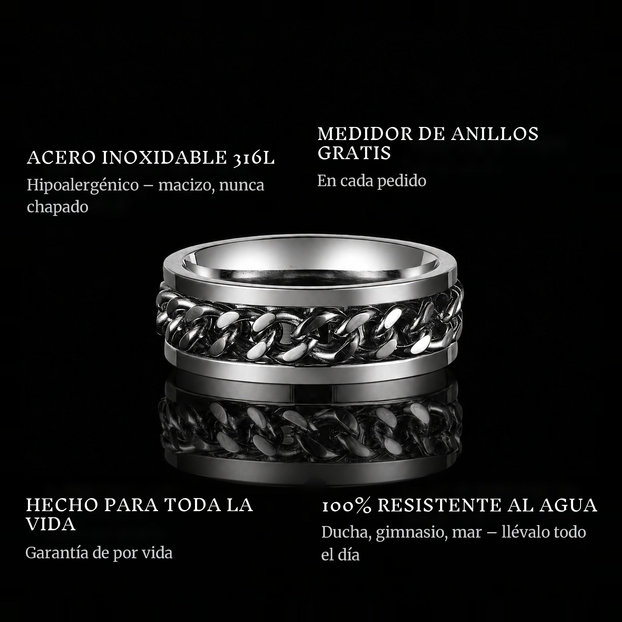 The Chain ring features: 316L stainless steel, free ring sizer in every order, 100% waterproof, lifetime guarantee