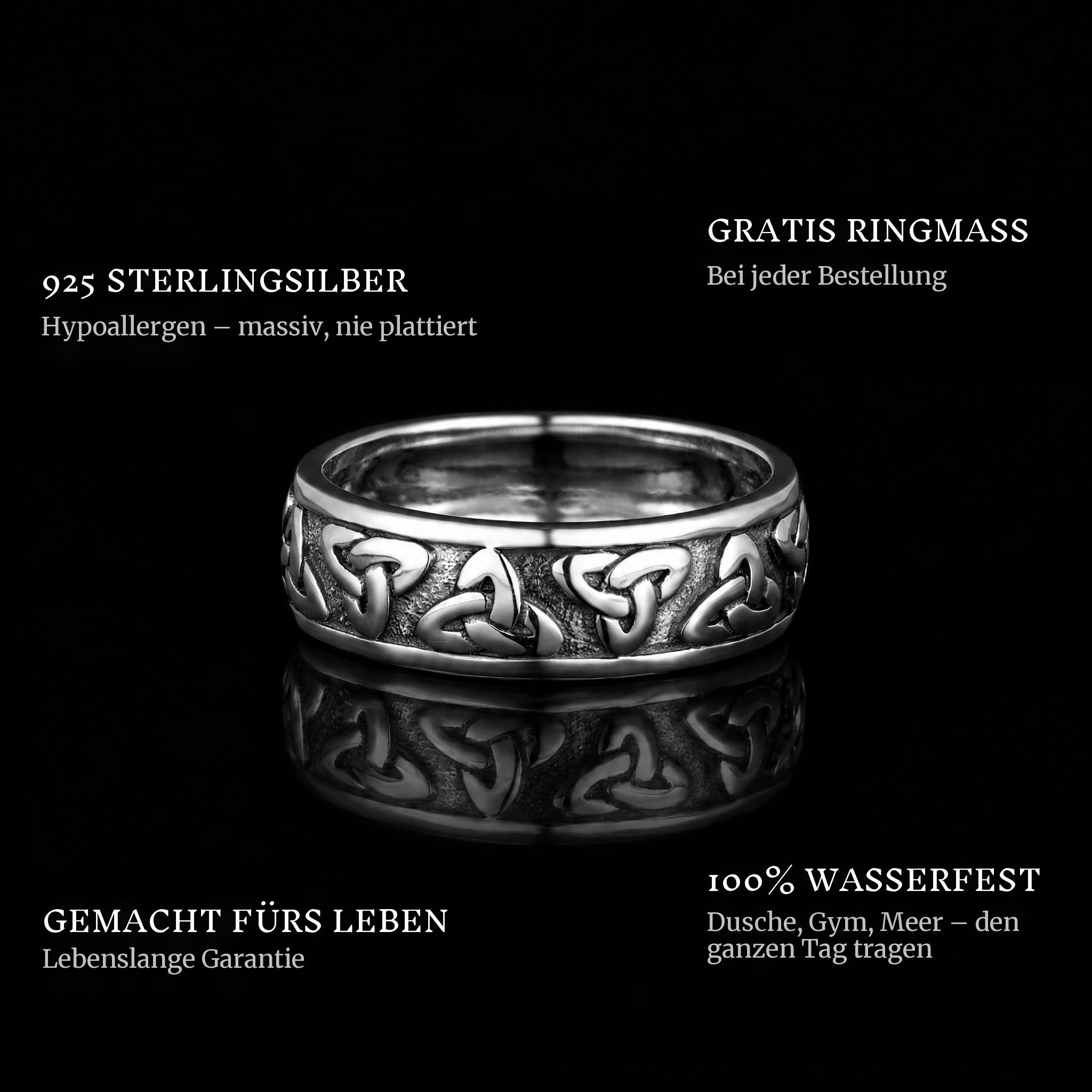 The Cycle ring features: 925 sterling silver, free ring sizer in every order, 100% waterproof, lifetime guarantee