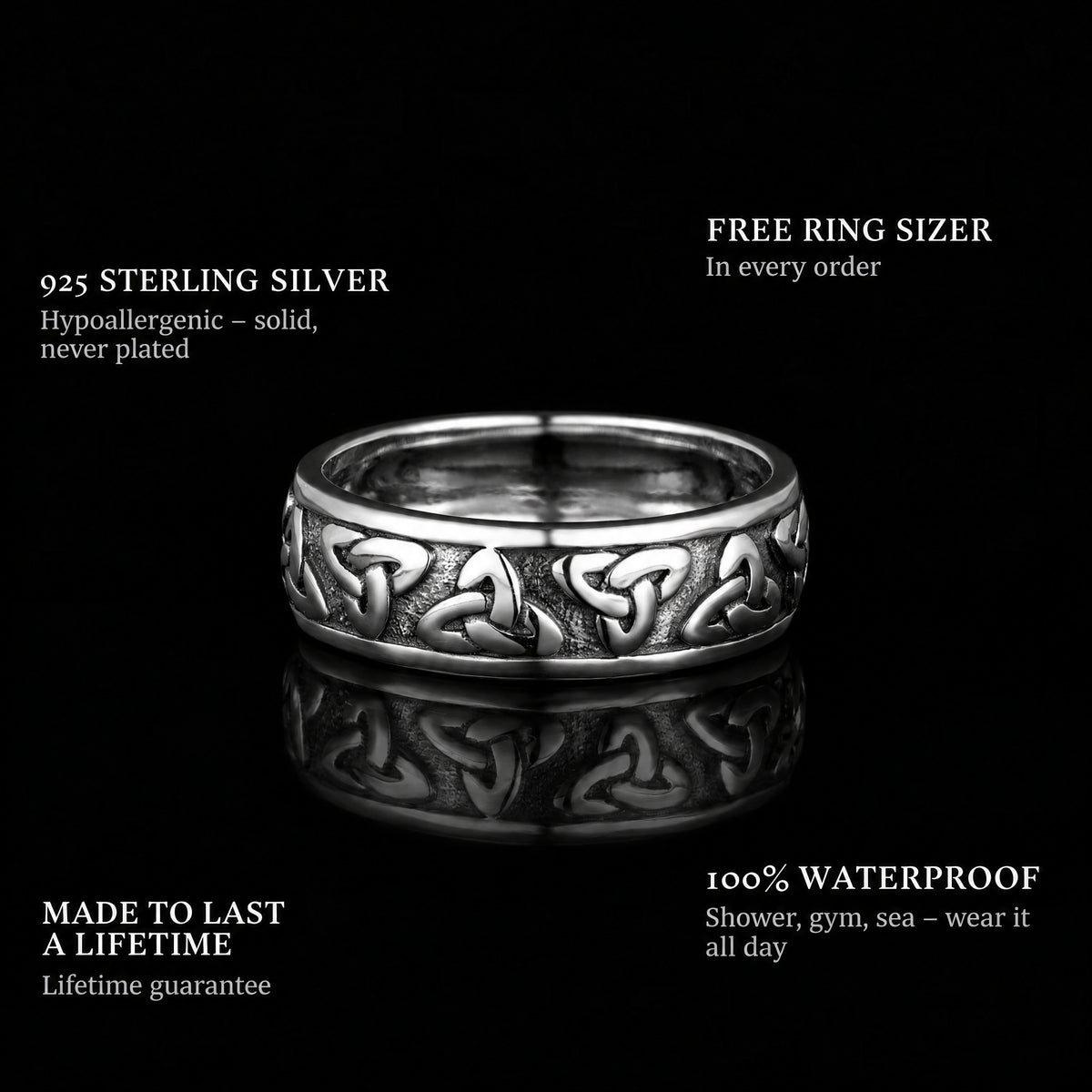 The Cycle ring features: 925 sterling silver, free ring sizer in every order, 100% waterproof, lifetime guarantee