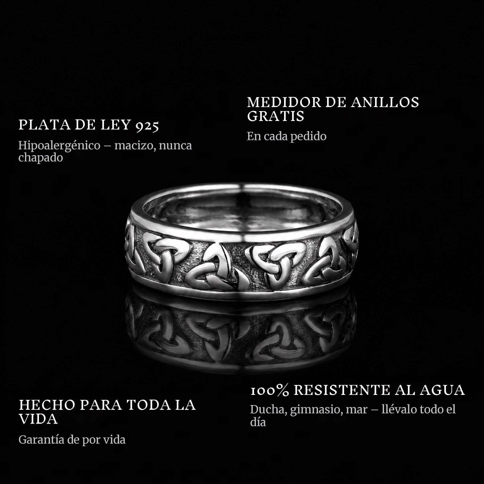 The Cycle ring features: 925 sterling silver, free ring sizer in every order, 100% waterproof, lifetime guarantee