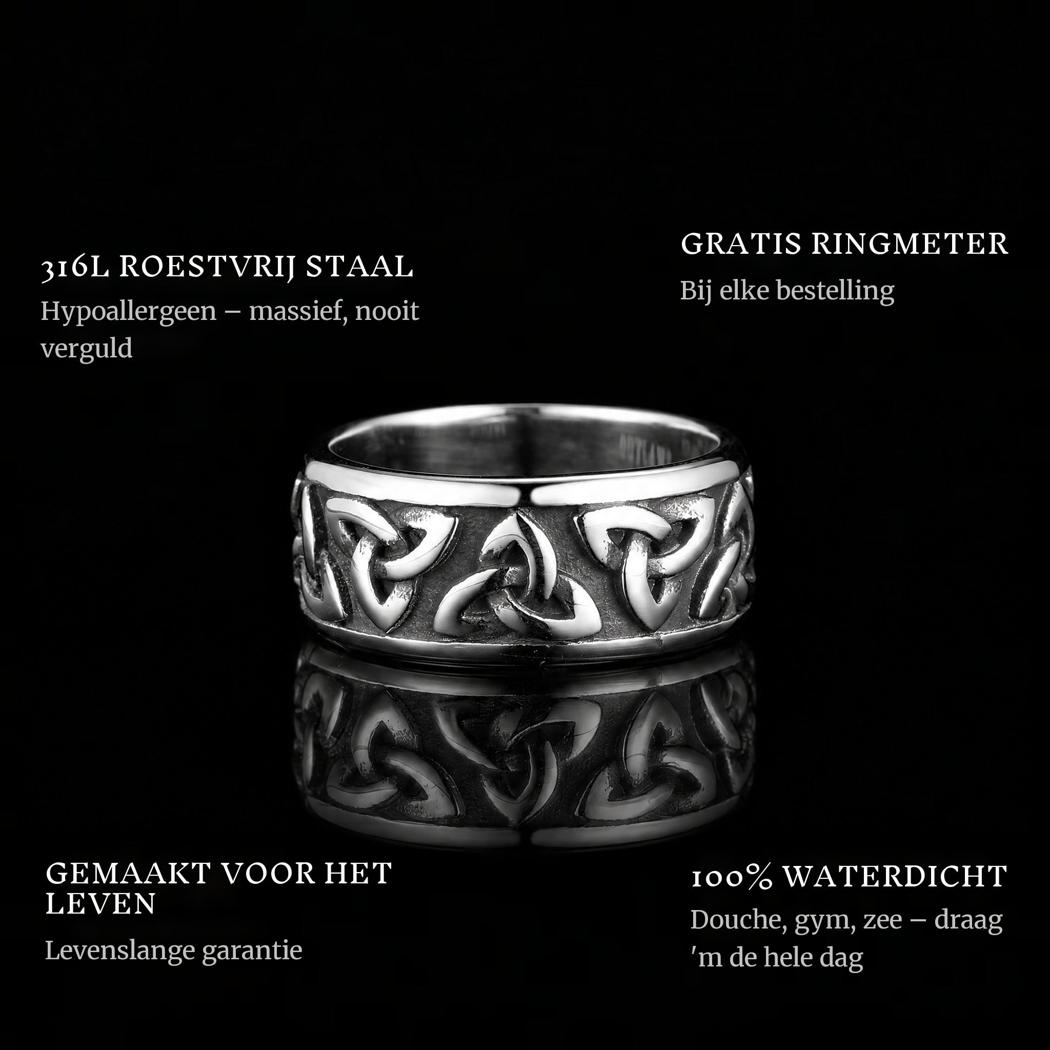 The Cycle ring features: 316L stainless steel, free ring sizer in every order, 100% waterproof, lifetime guarantee