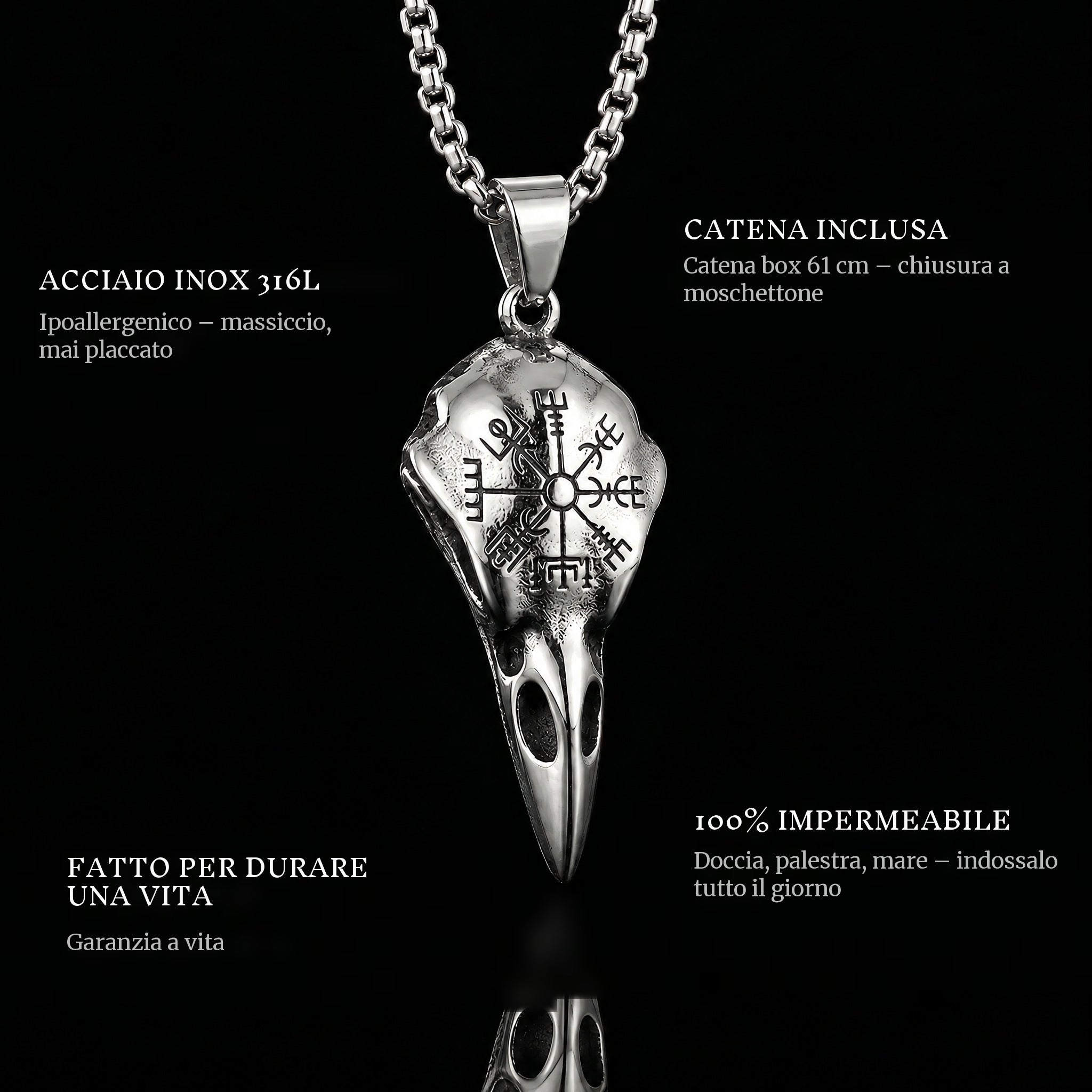 The Eagle Skull pendant features: 316L stainless steel, chain included, 100% waterproof, lifetime guarantee