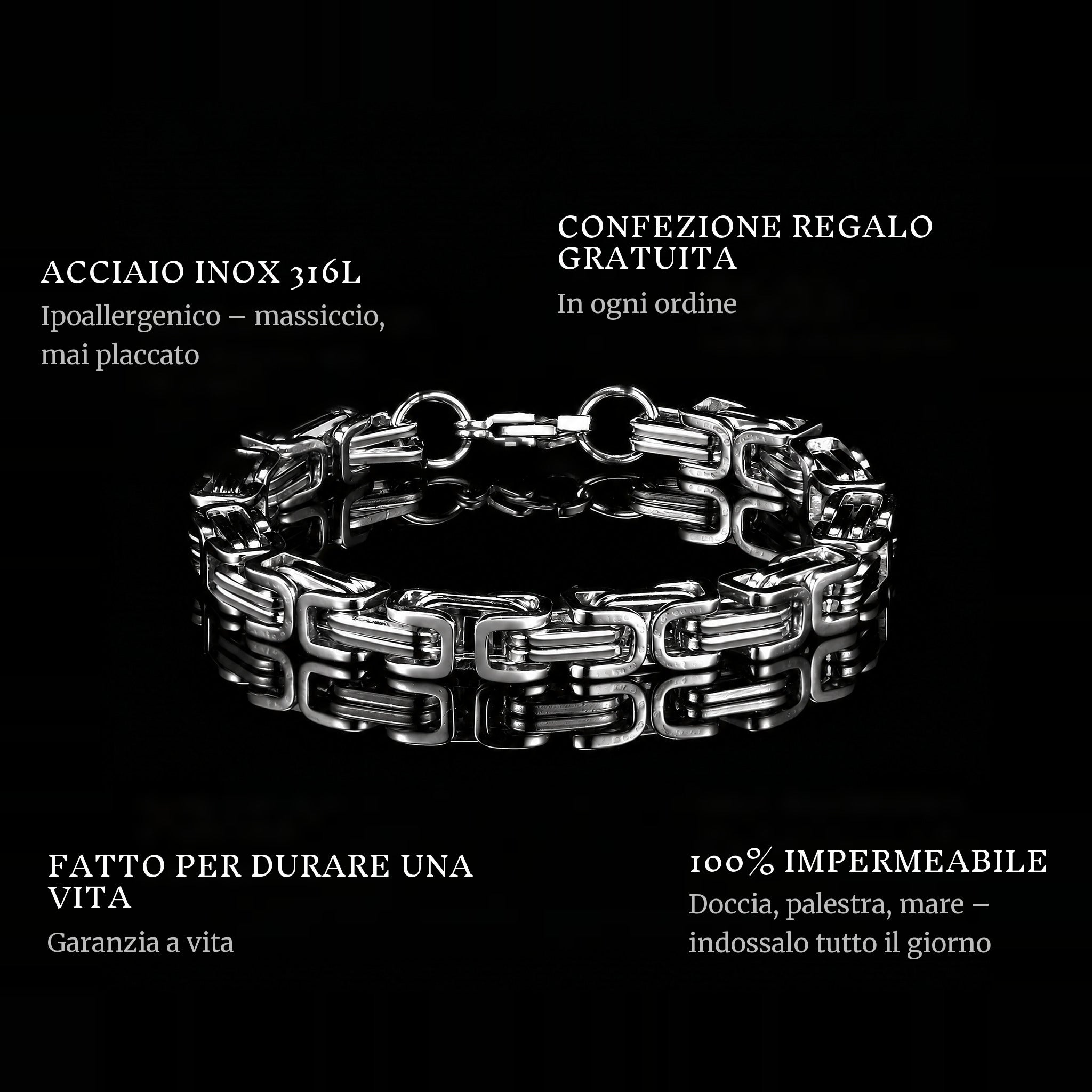 The Emperor features: 316L stainless steel, free gift packaging, 100% waterproof, lifetime guarantee