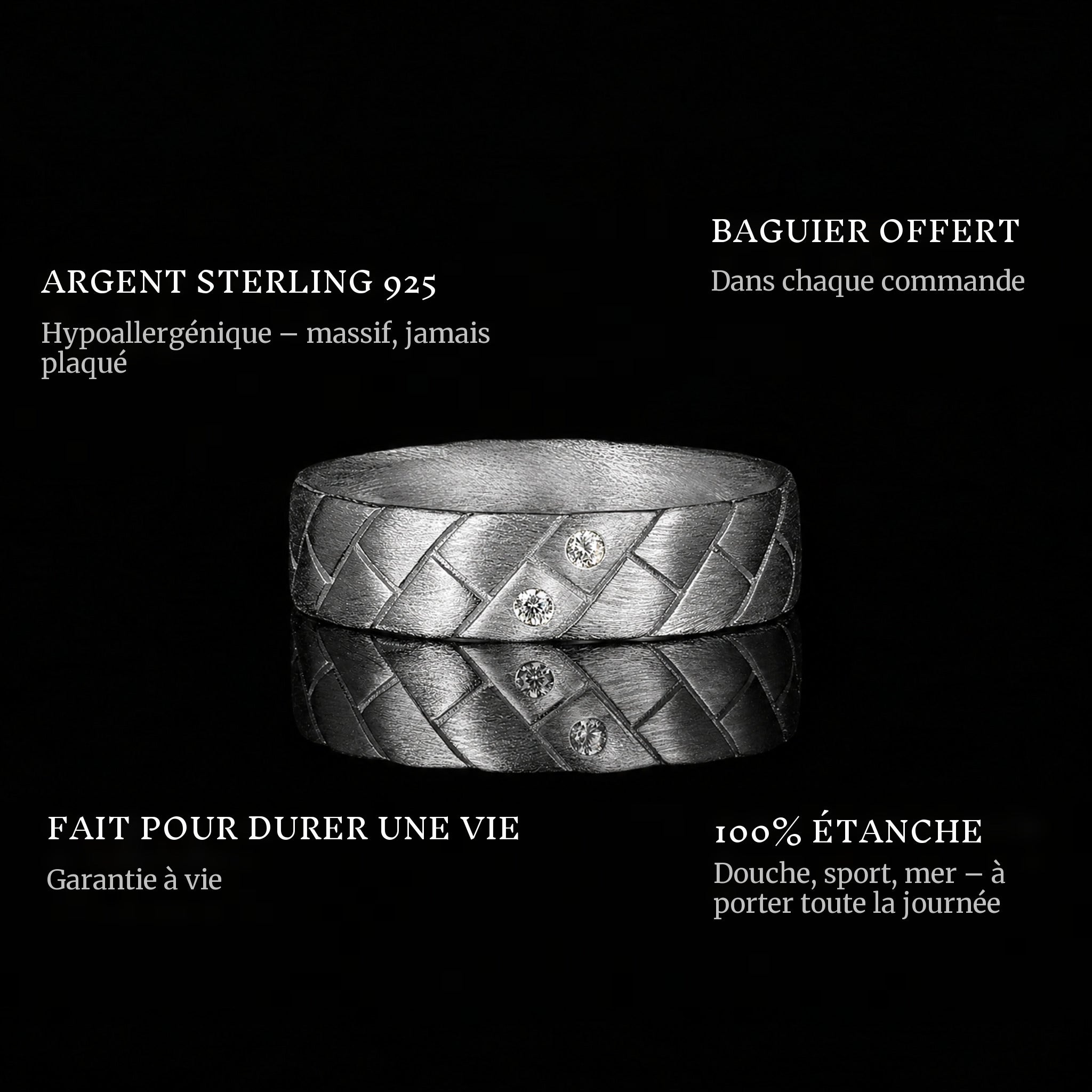 The Explorer Ring ring features: 925 sterling silver, free ring sizer in every order, 100% waterproof, lifetime guarantee