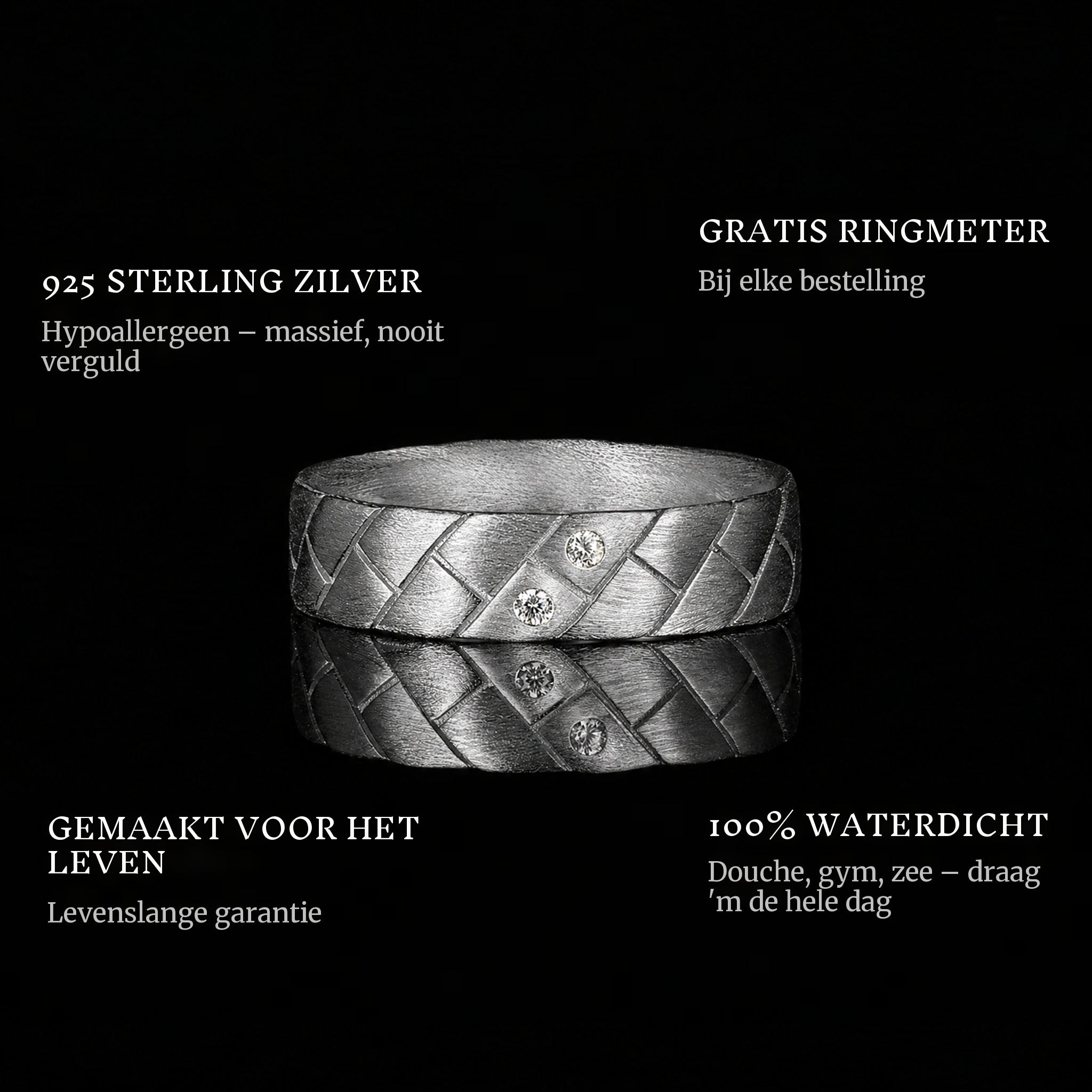 The Explorer Ring ring features: 925 sterling silver, free ring sizer in every order, 100% waterproof, lifetime guarantee