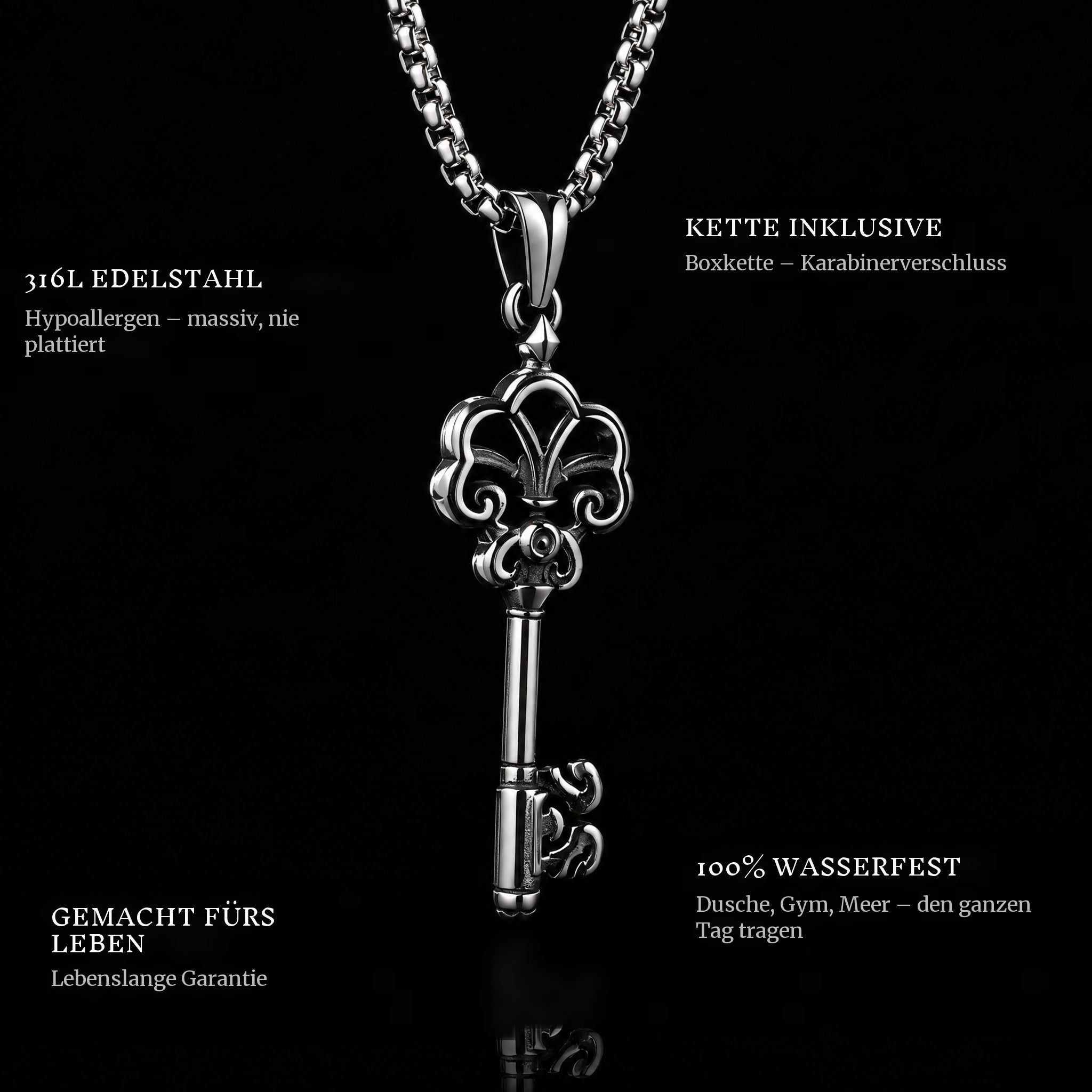 The Key To Life pendant features: 316L stainless steel, chain included, 100% waterproof, lifetime guarantee