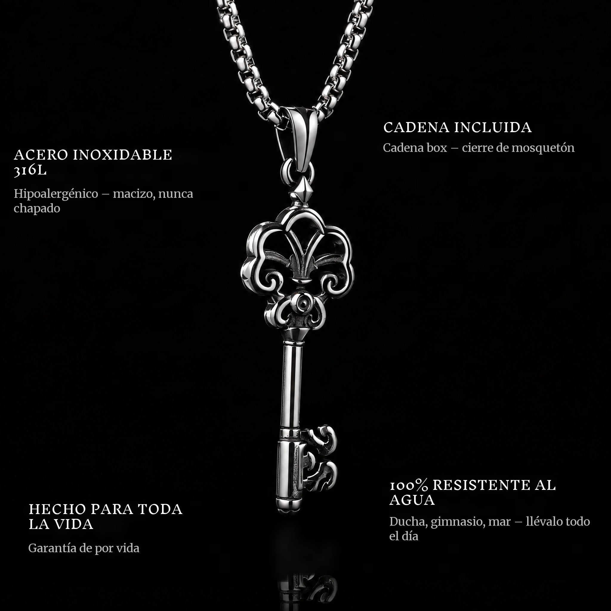 The Key To Life pendant features: 316L stainless steel, chain included, 100% waterproof, lifetime guarantee