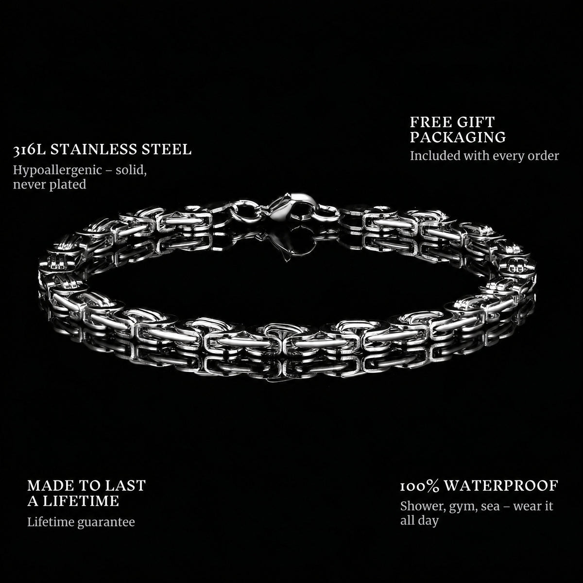 The Kings features: 316L stainless steel, free gift packaging, 100% waterproof, lifetime guarantee