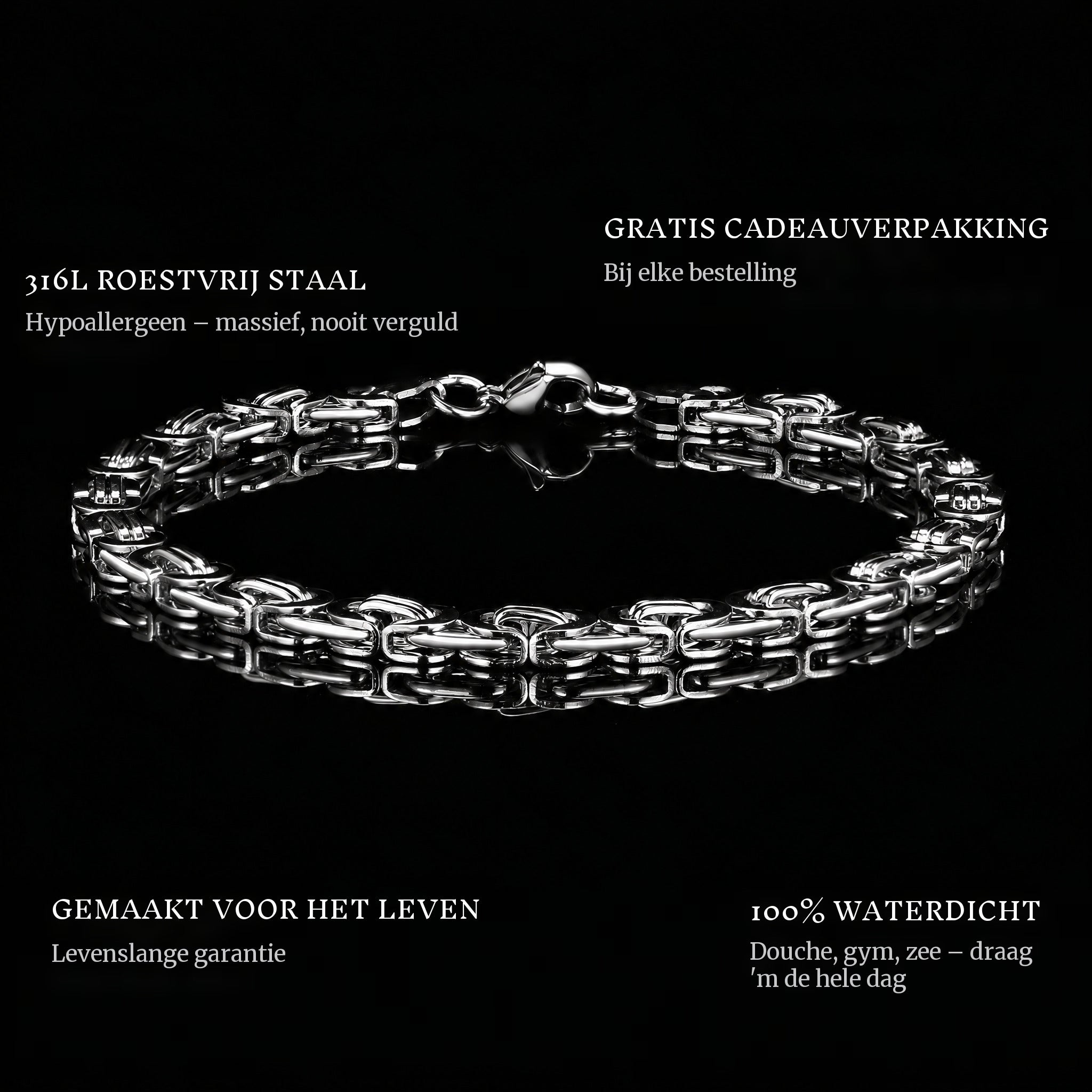 The Kings features: 316L stainless steel, free gift packaging, 100% waterproof, lifetime guarantee