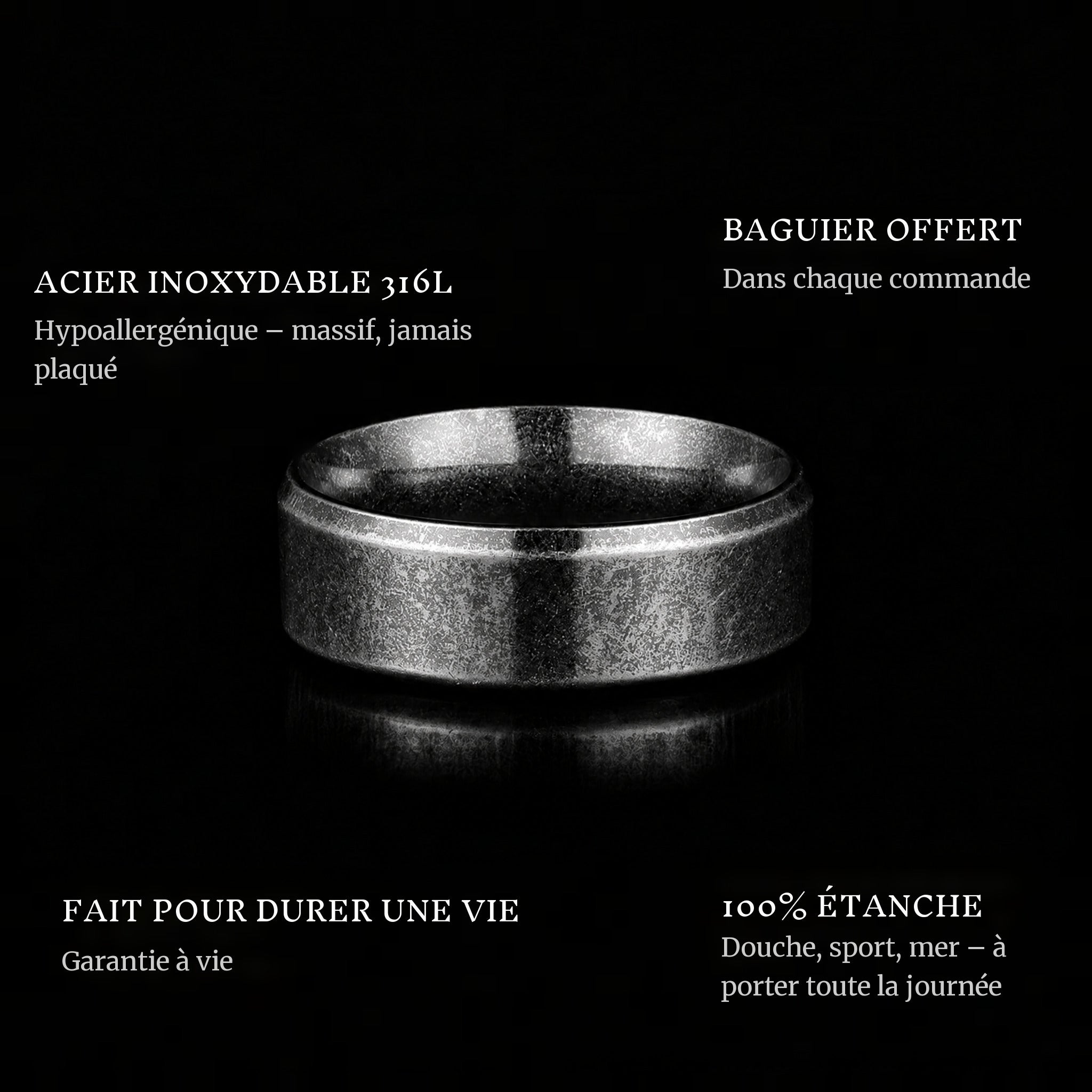 The Raw Vintage Blacked ring features: 316L stainless steel, free ring sizer in every order, 100% waterproof, lifetime guarantee