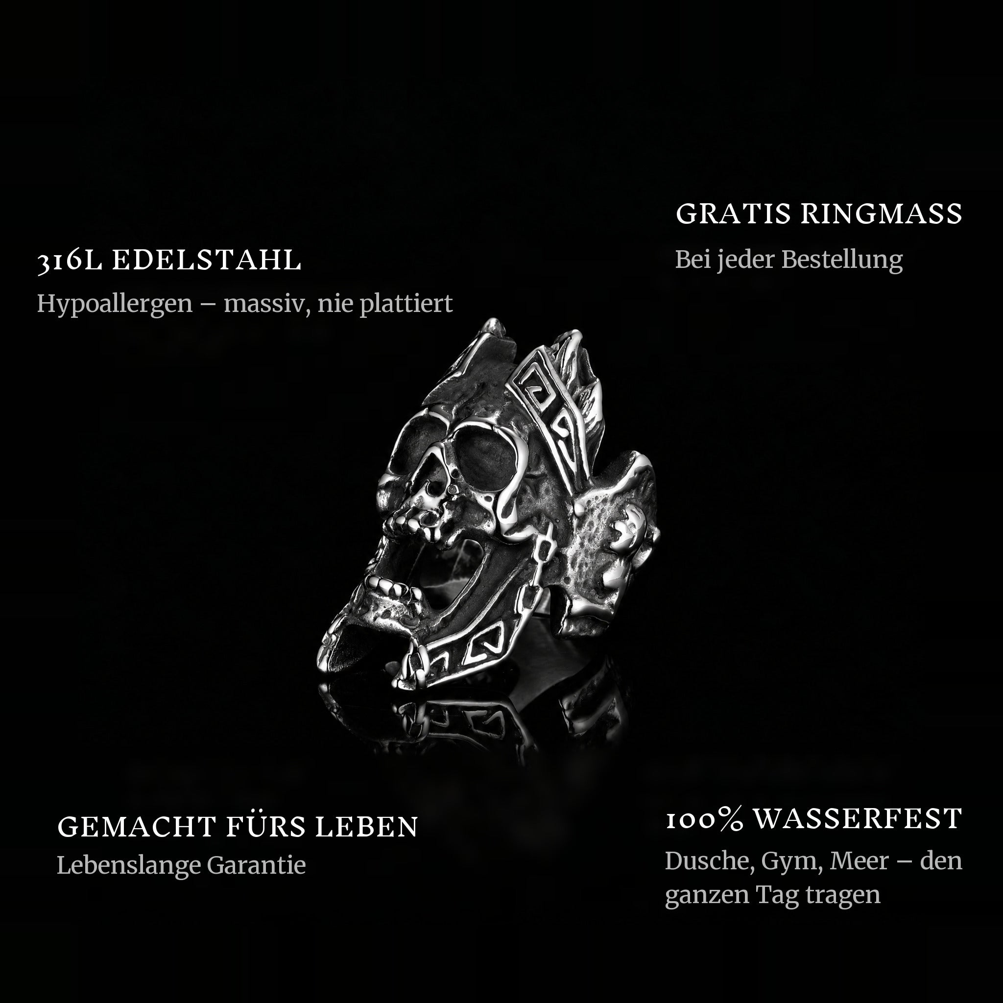 The Scream ring features: 316L stainless steel, free ring sizer in every order, 100% waterproof, lifetime guarantee