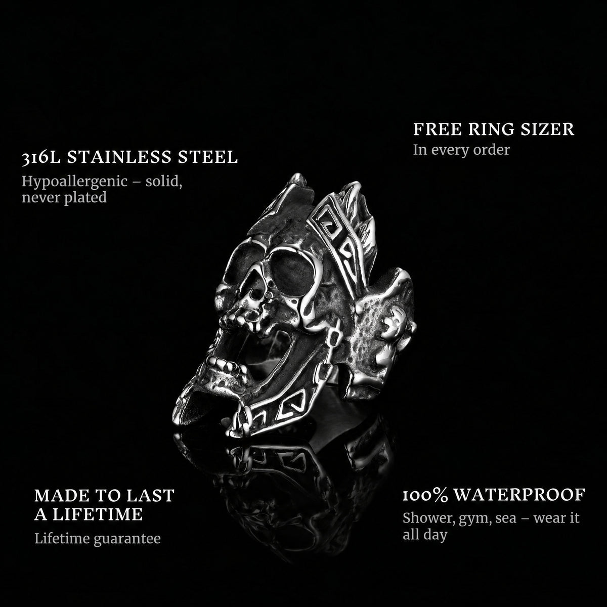 The Scream ring features: 316L stainless steel, free ring sizer in every order, 100% waterproof, lifetime guarantee