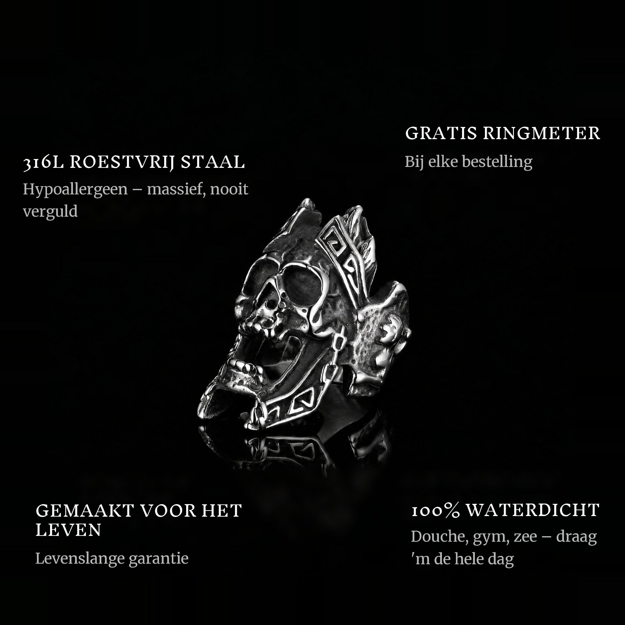 The Scream ring features: 316L stainless steel, free ring sizer in every order, 100% waterproof, lifetime guarantee