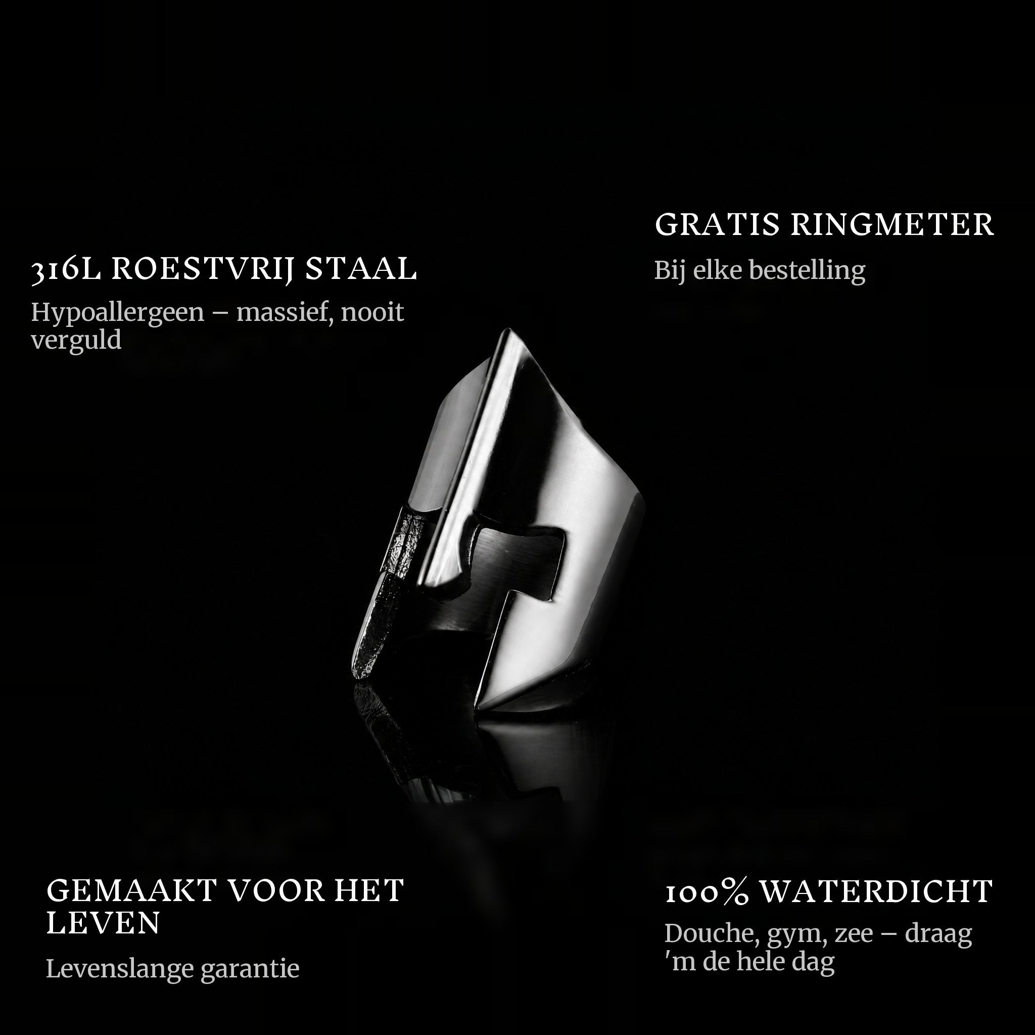 The Spartan Black ring features: 316L stainless steel, free ring sizer in every order, 100% waterproof, lifetime guarantee