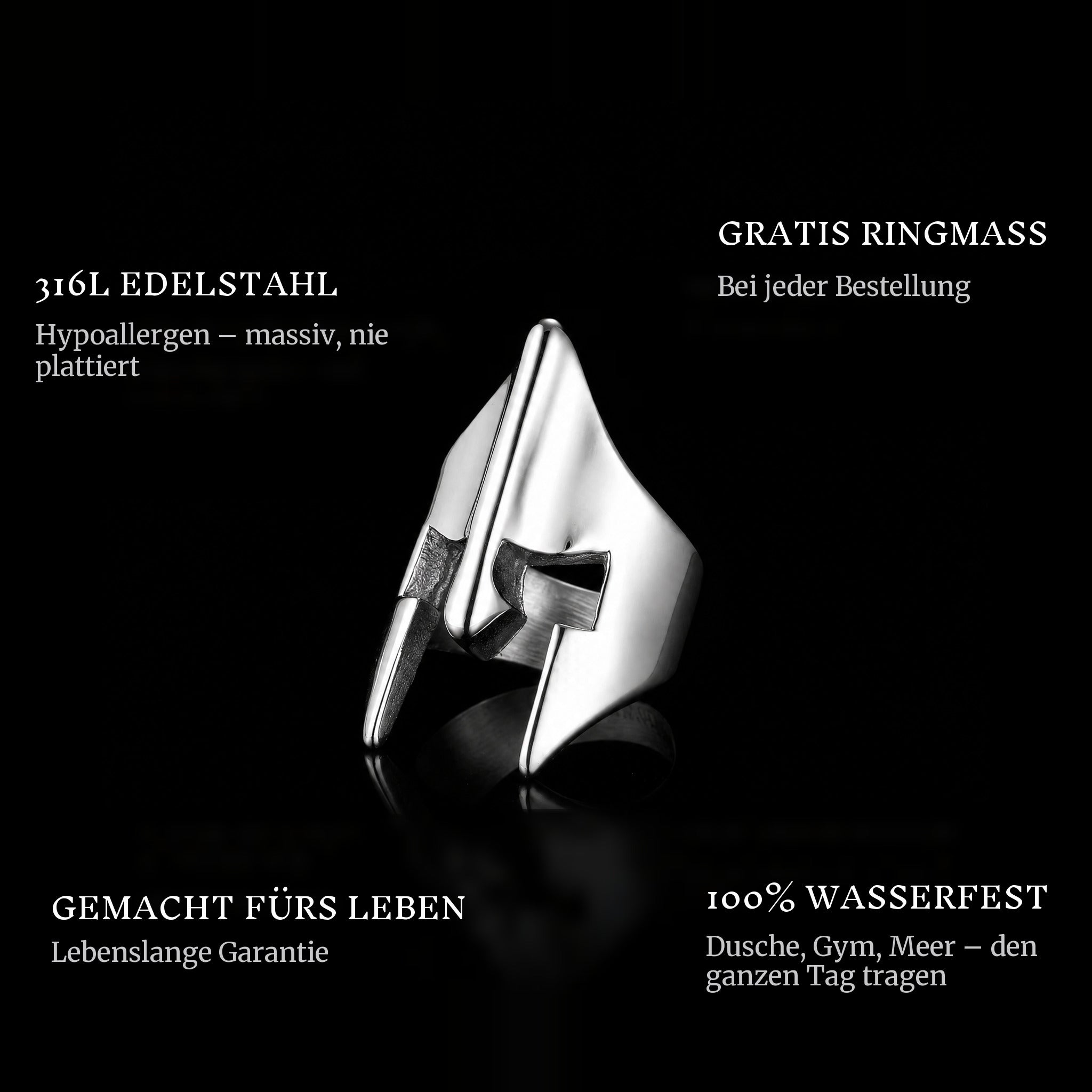 The Spartan ring features: 316L stainless steel, free ring sizer in every order, 100% waterproof, lifetime guarantee