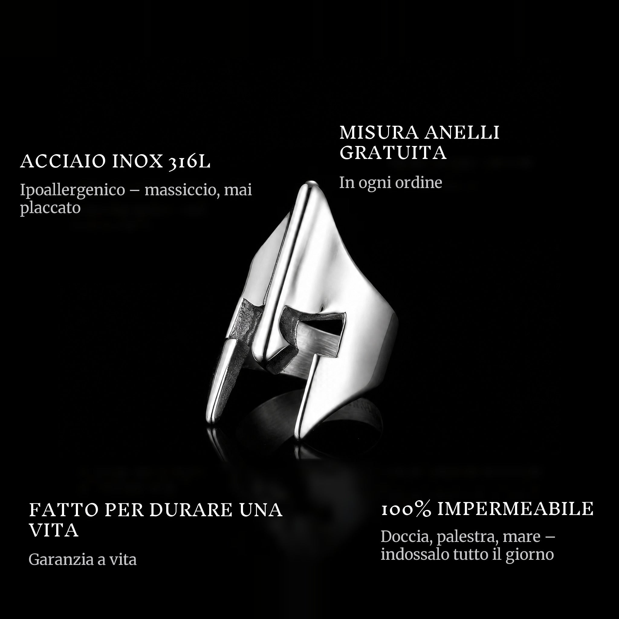 The Spartan ring features: 316L stainless steel, free ring sizer in every order, 100% waterproof, lifetime guarantee