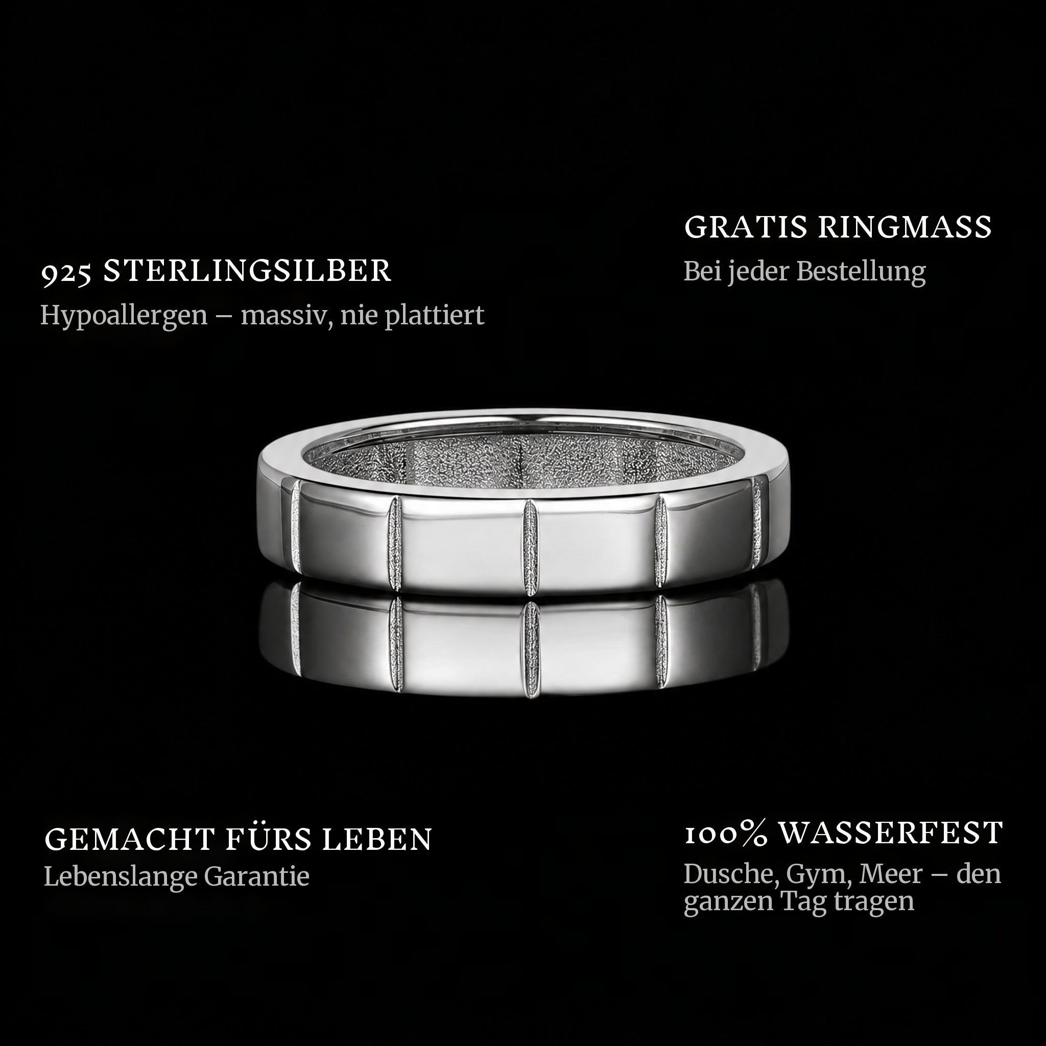 The Stacker Ring ring features: 925 sterling silver, free ring sizer in every order, 100% waterproof, lifetime guarantee
