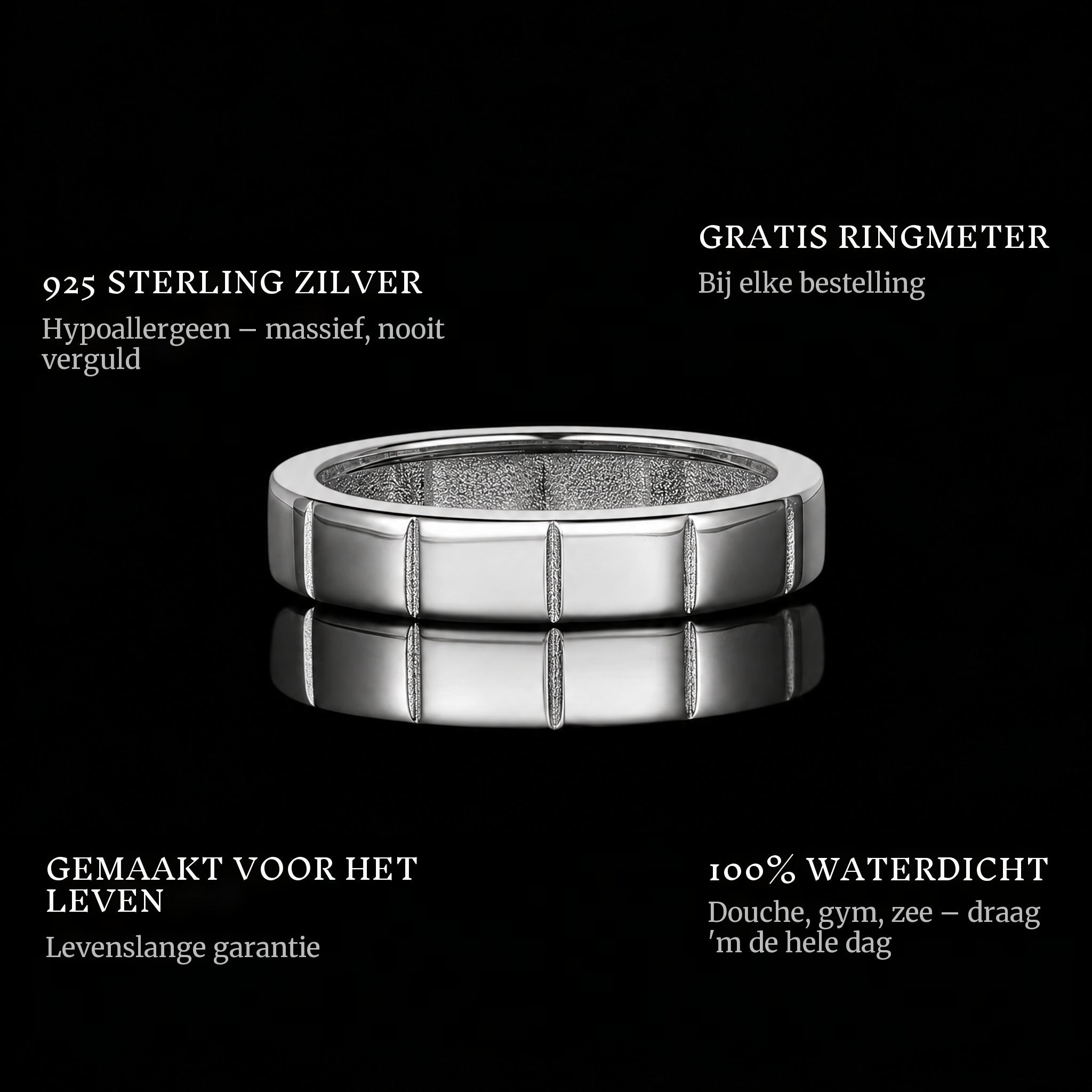 The Stacker Ring ring features: 925 sterling silver, free ring sizer in every order, 100% waterproof, lifetime guarantee