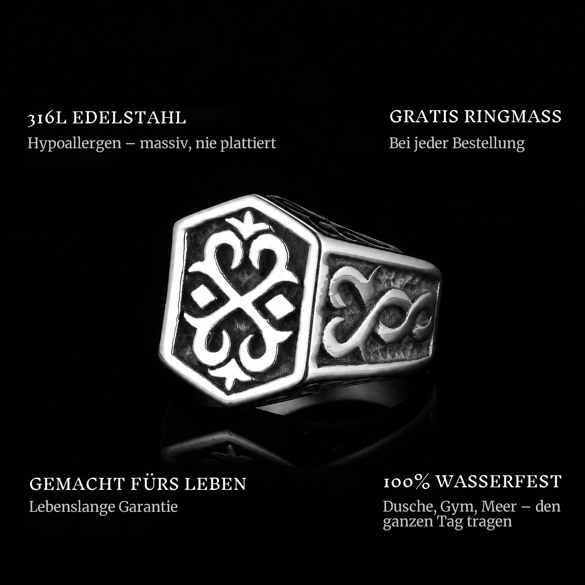 The Weapon ring features: 316L stainless steel, free ring sizer in every order, 100% waterproof, lifetime guarantee
