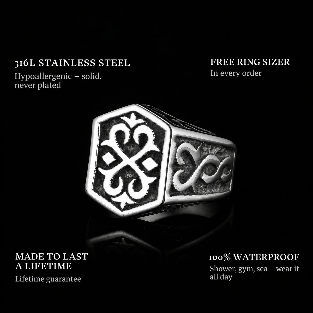 The Weapon ring features: 316L stainless steel, free ring sizer in every order, 100% waterproof, lifetime guarantee