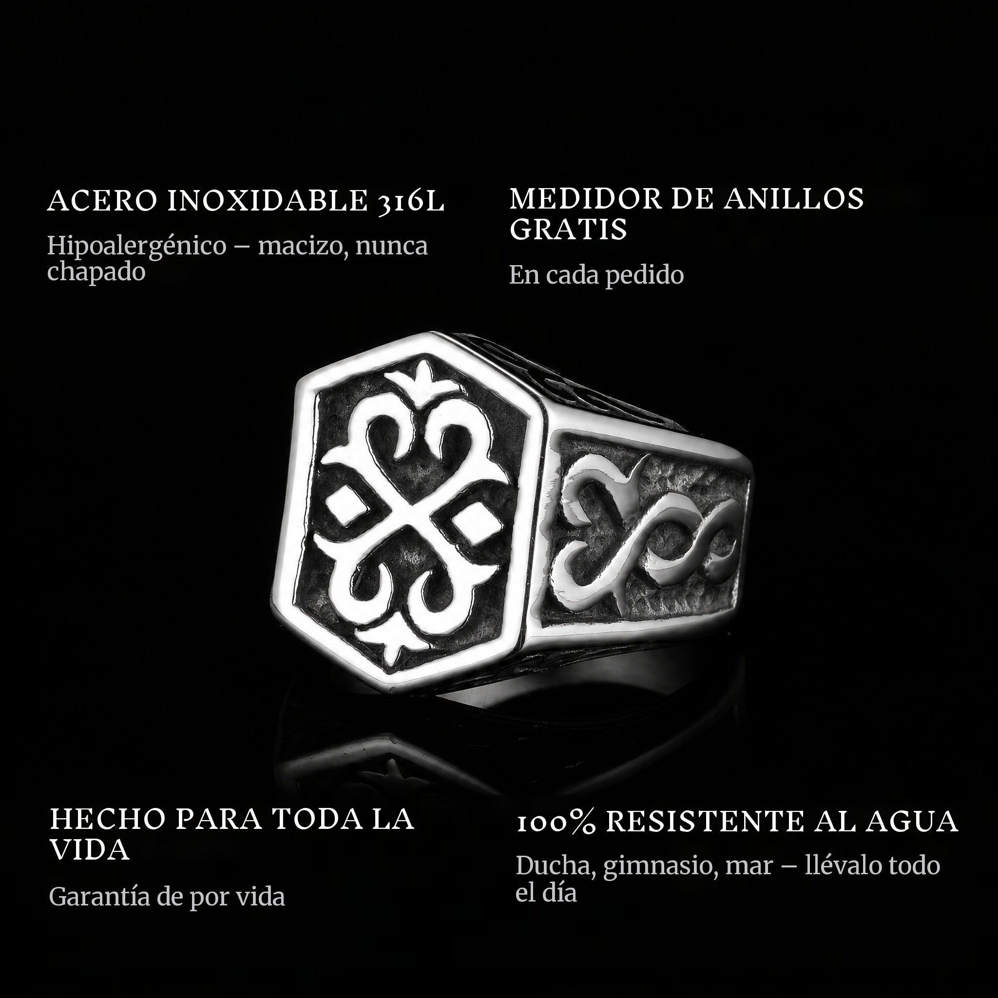 The Weapon ring features: 316L stainless steel, free ring sizer in every order, 100% waterproof, lifetime guarantee