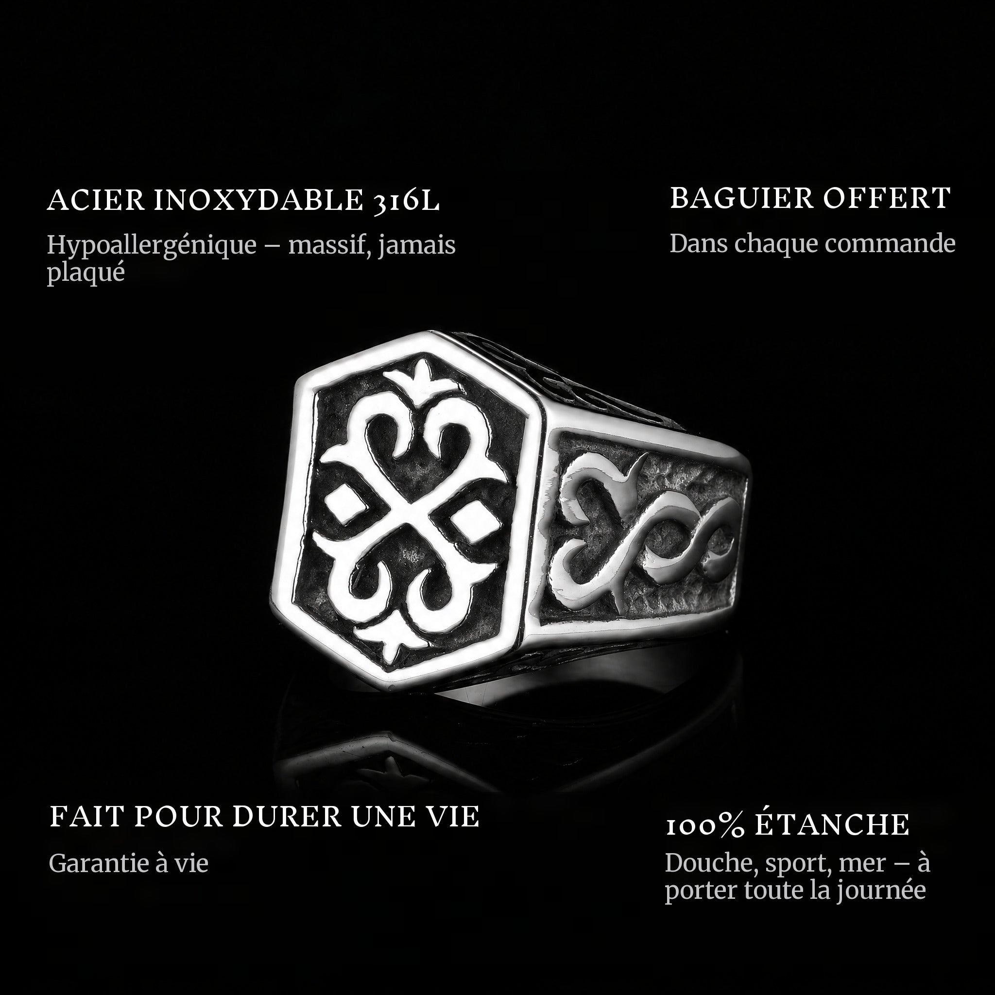 The Weapon ring features: 316L stainless steel, free ring sizer in every order, 100% waterproof, lifetime guarantee