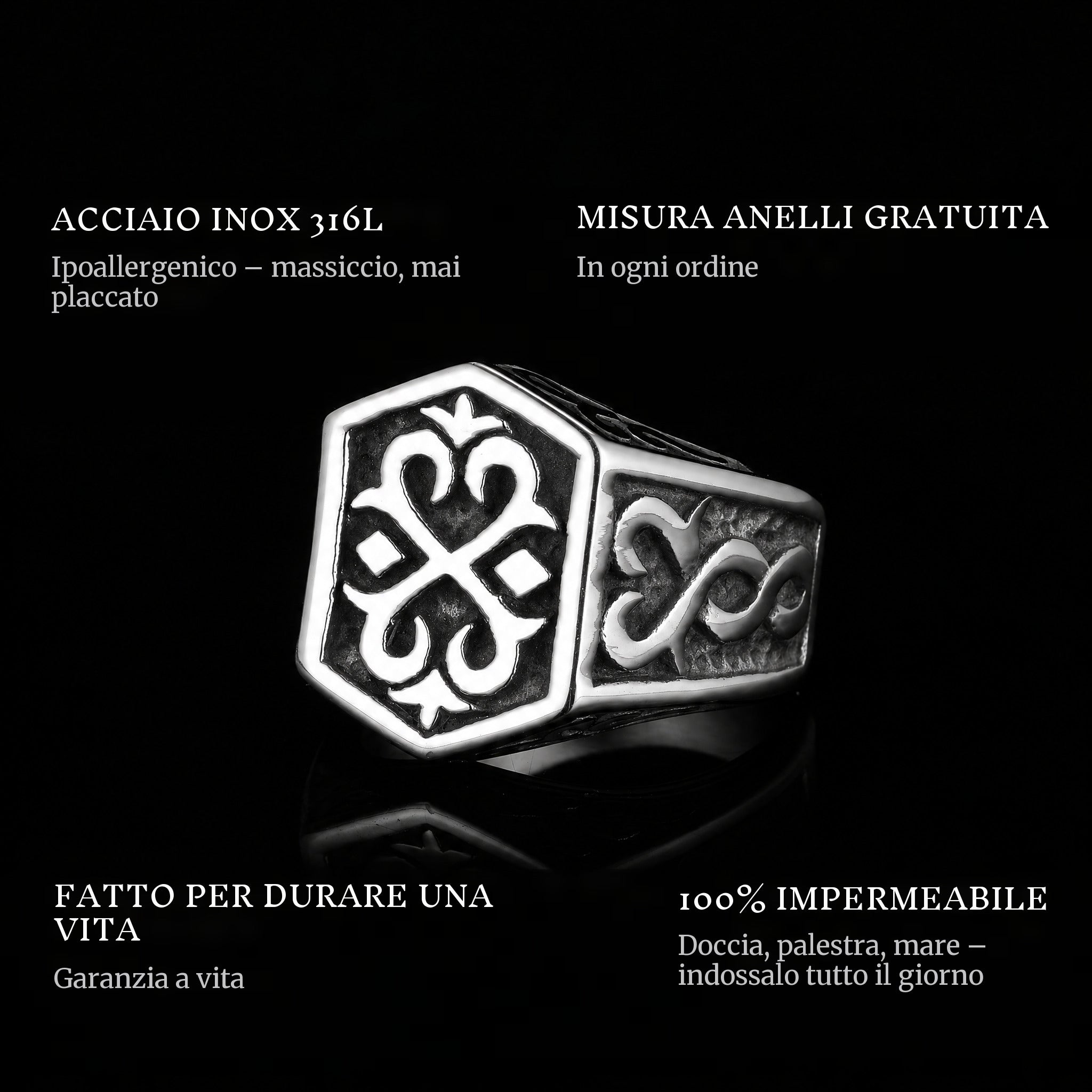 The Weapon ring features: 316L stainless steel, free ring sizer in every order, 100% waterproof, lifetime guarantee