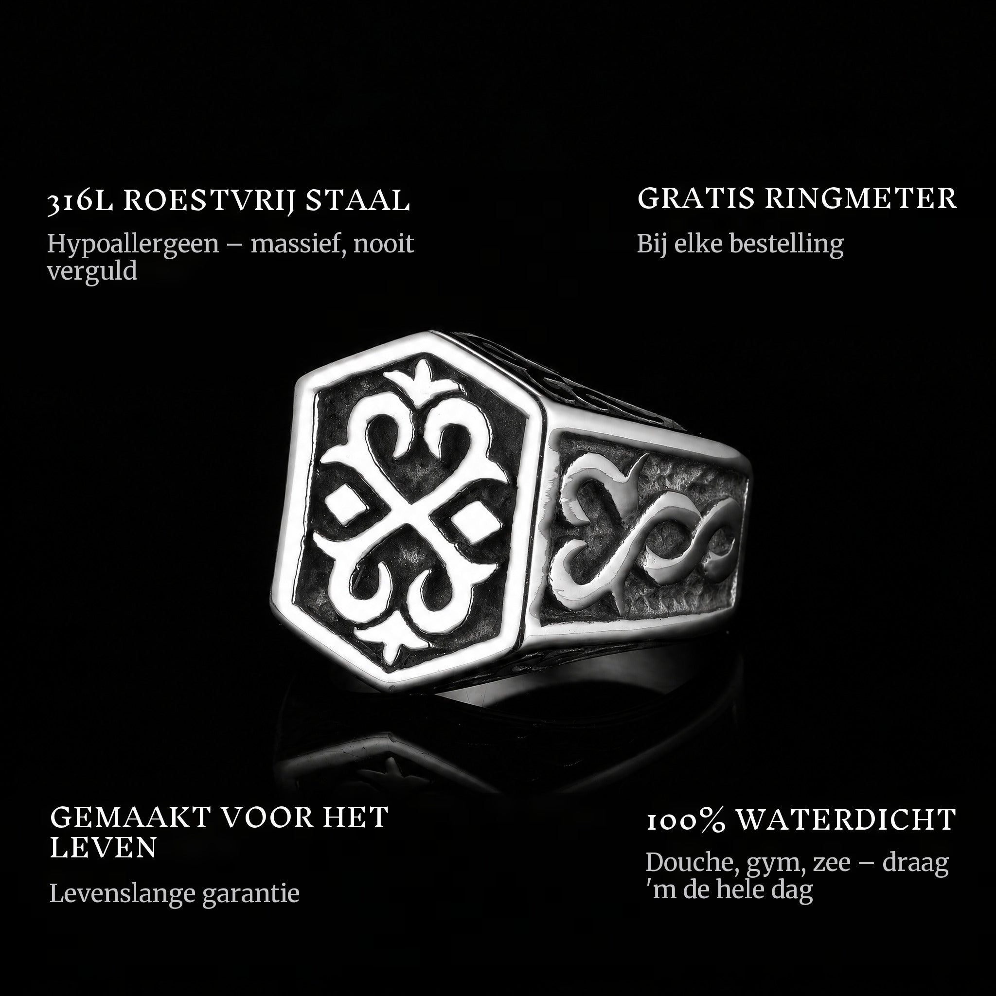 The Weapon ring features: 316L stainless steel, free ring sizer in every order, 100% waterproof, lifetime guarantee
