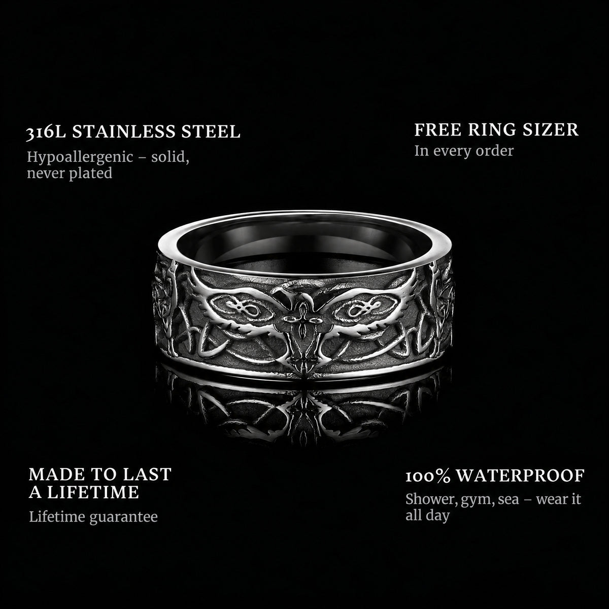 The Wingman ring features: 316L stainless steel, free ring sizer in every order, 100% waterproof, lifetime guarantee