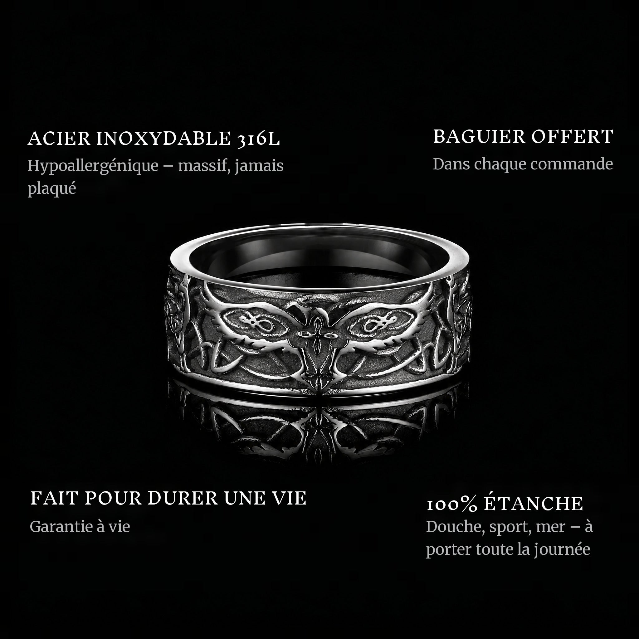 The Wingman ring features: 316L stainless steel, free ring sizer in every order, 100% waterproof, lifetime guarantee