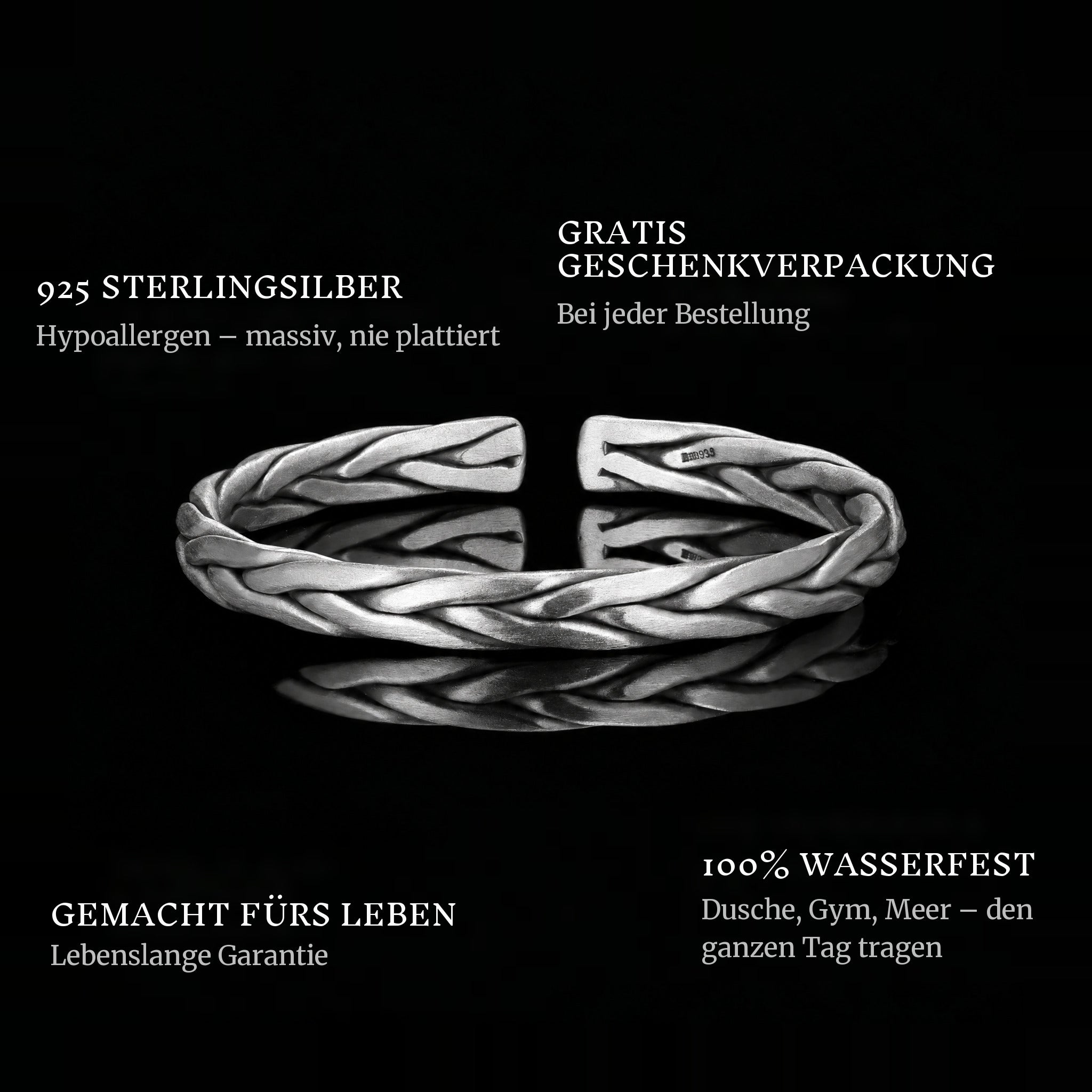 The Woven Bangle features: 925 sterling silver, free gift packaging, 100% waterproof, lifetime guarantee