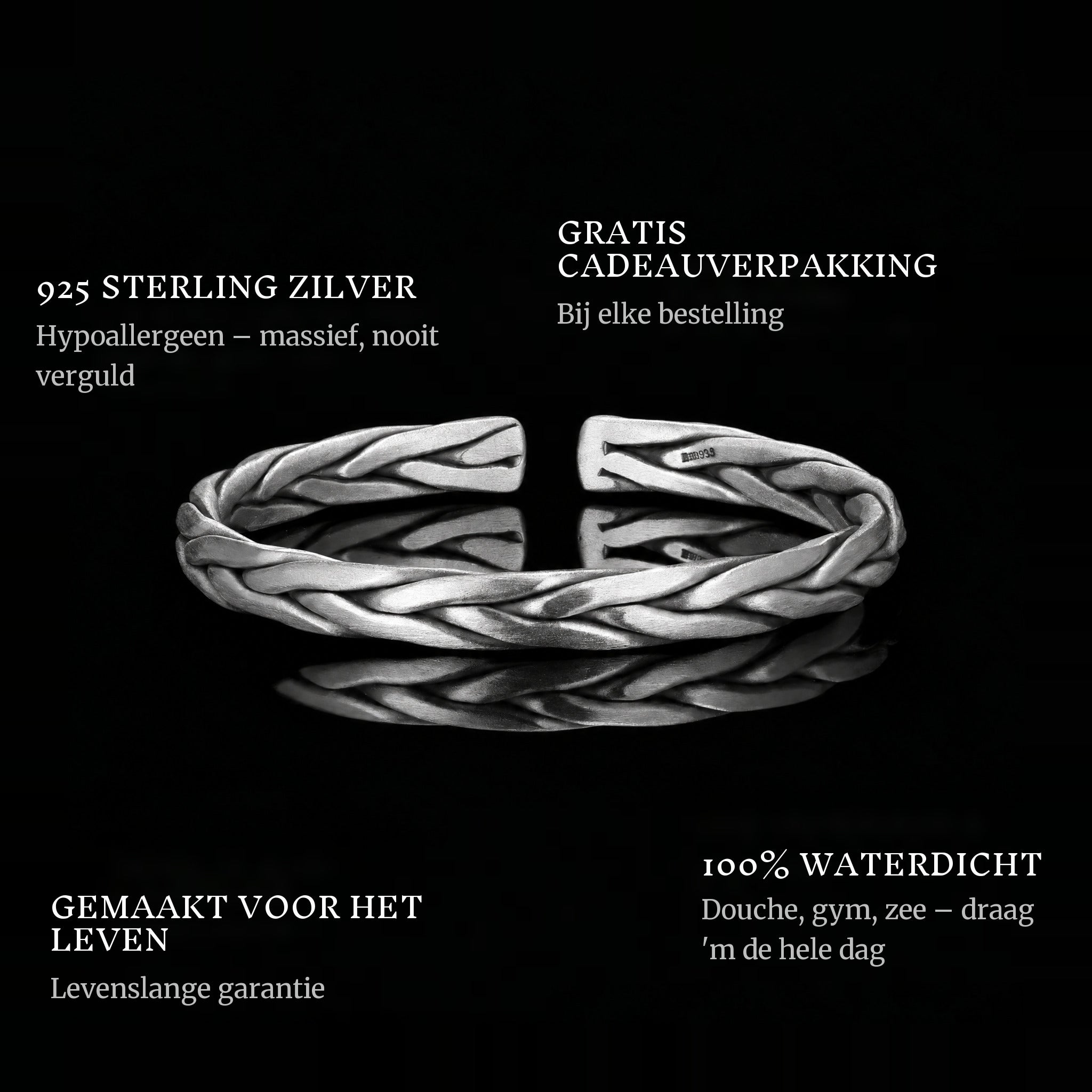 The Woven Bangle features: 925 sterling silver, free gift packaging, 100% waterproof, lifetime guarantee