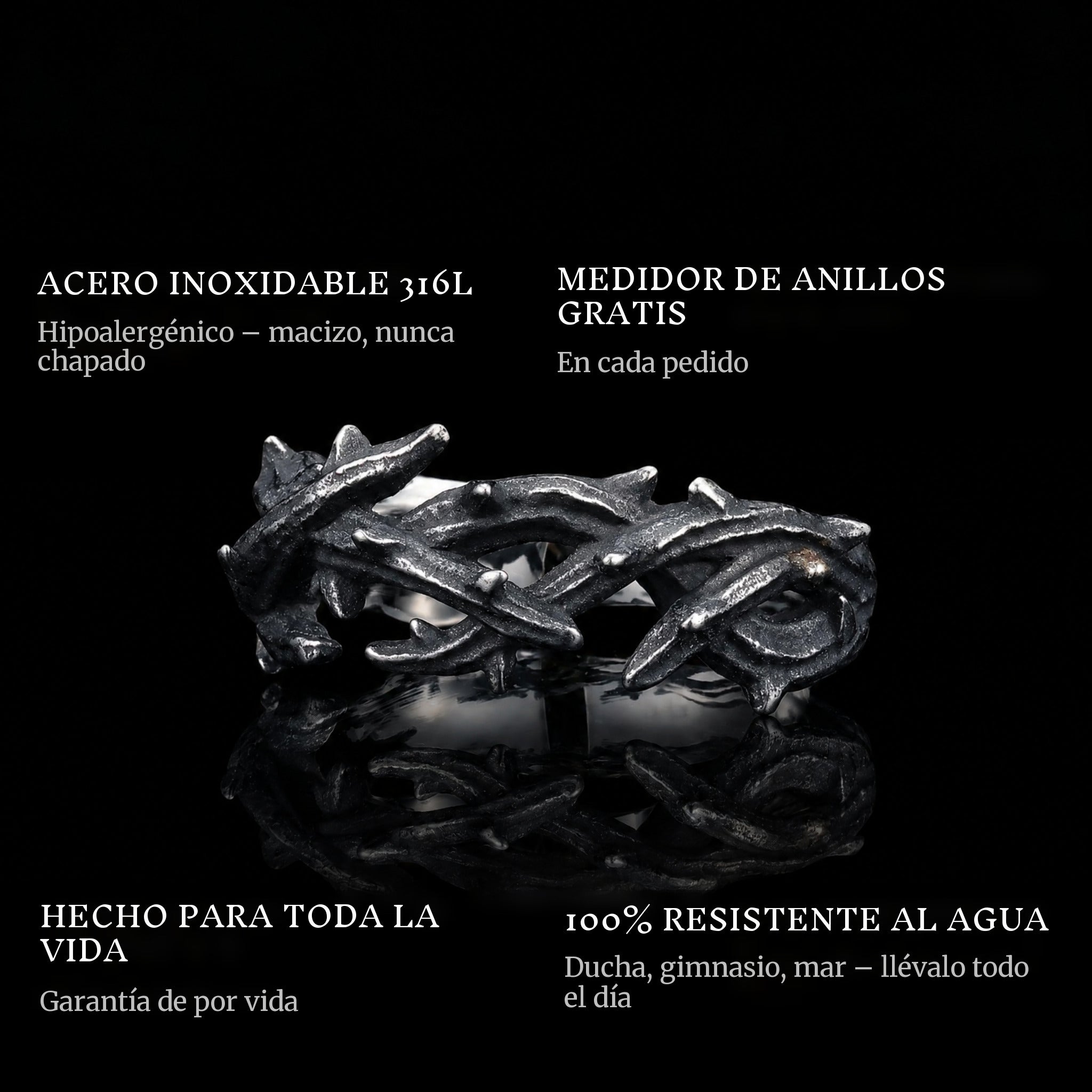 Thorn Crown ring features: 316L stainless steel, free ring sizer in every order, 100% waterproof, lifetime guarantee