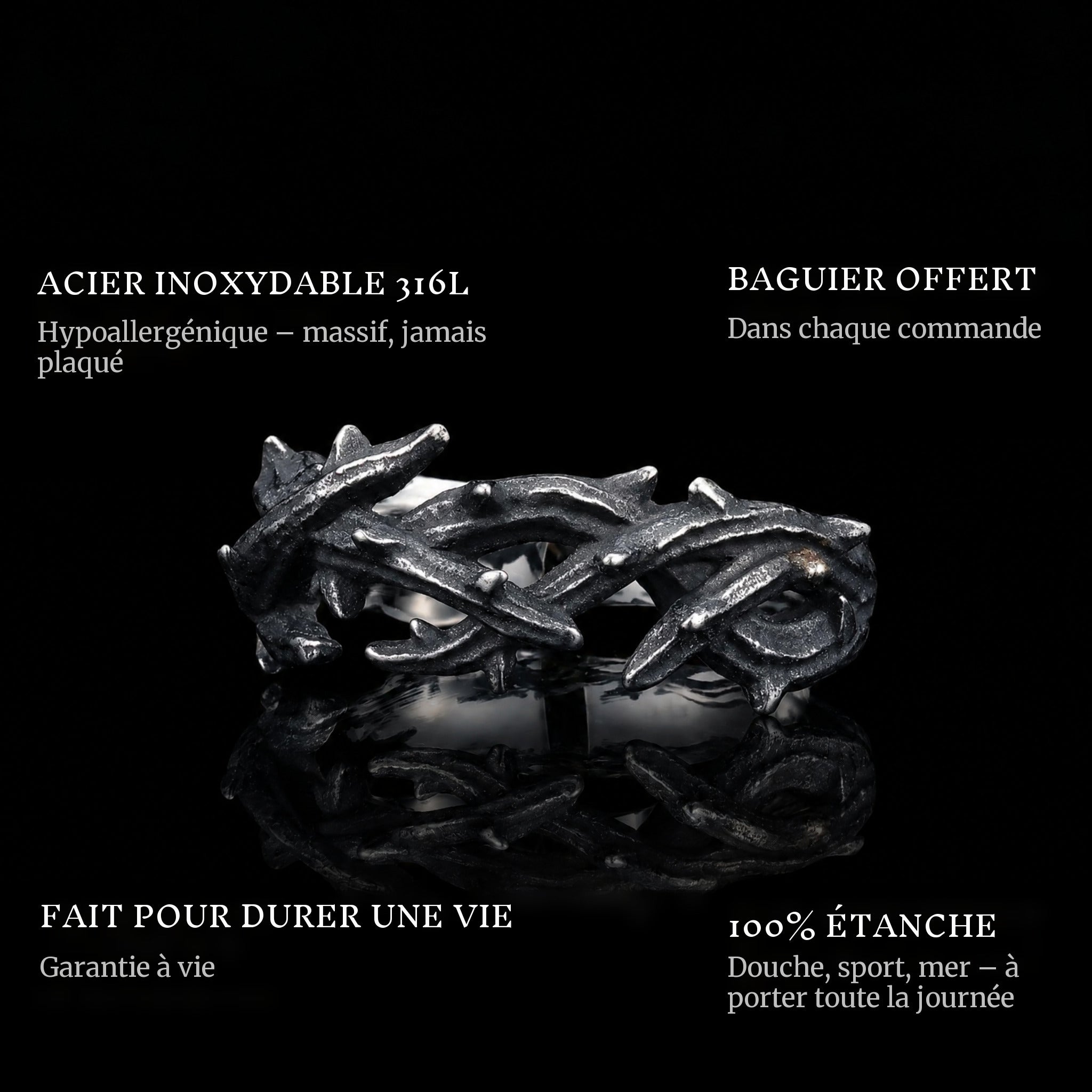 Thorn Crown ring features: 316L stainless steel, free ring sizer in every order, 100% waterproof, lifetime guarantee