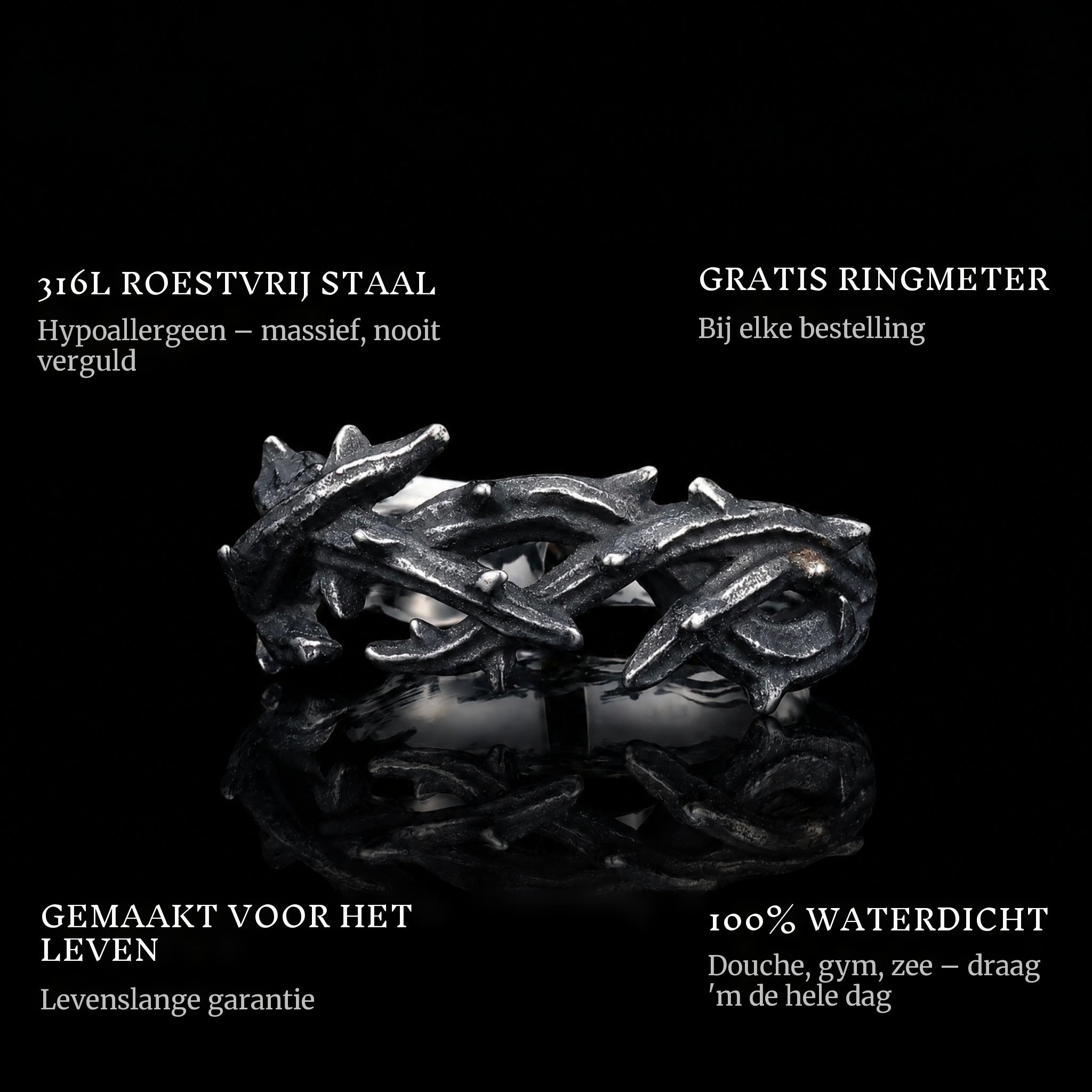 Thorn Crown ring features: 316L stainless steel, free ring sizer in every order, 100% waterproof, lifetime guarantee
