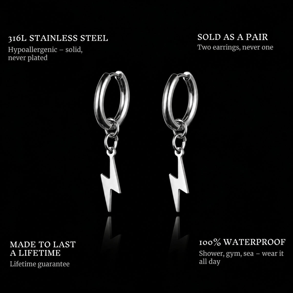 Thunder Strike features: 316L stainless steel, sold as a pair, 100% waterproof, lifetime guarantee